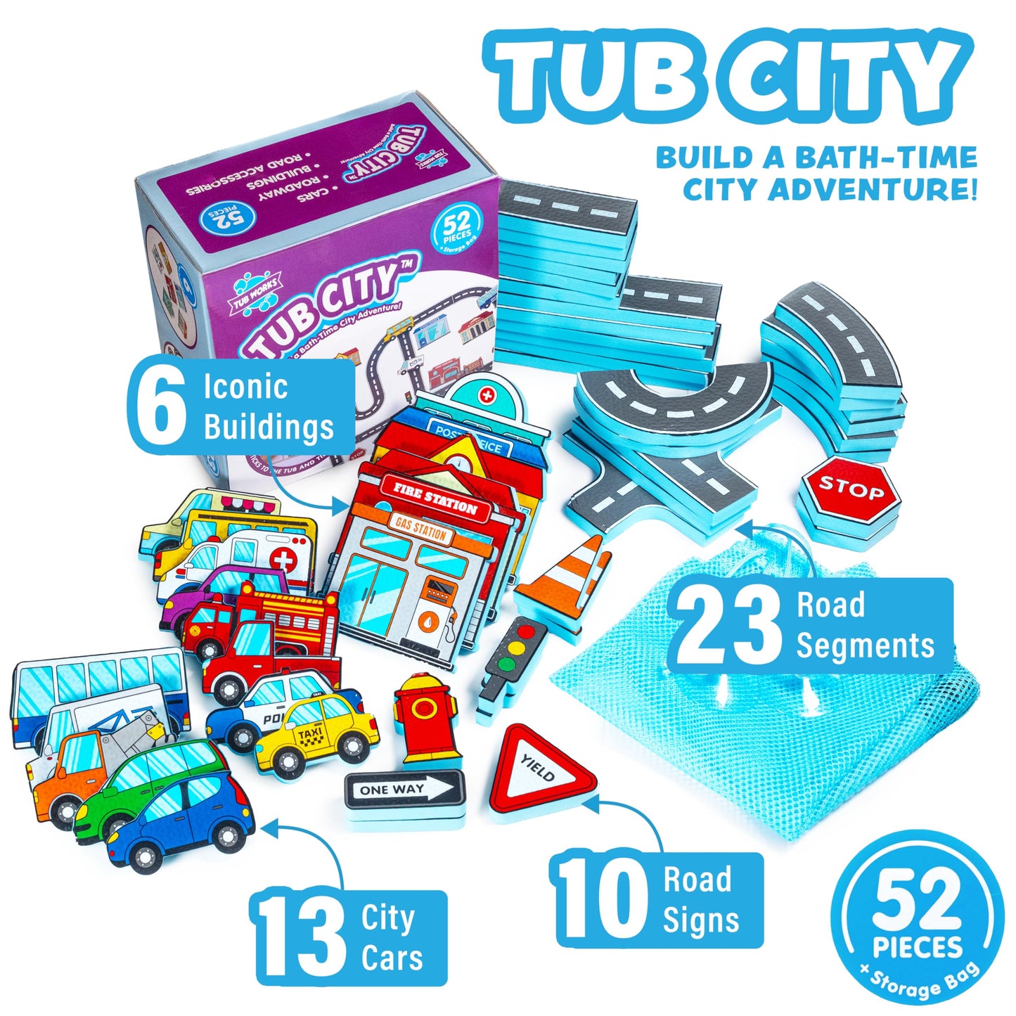 Tub Works® Tub City™ Stick, Build & Drive Toddler Bath Toy | 52 Foam Bath Stickers | Build a City with Roads, Buildings, Signs & Cars | Float & Stick to Tub Walls | Creative Bathtub Toys for Kids Bath
