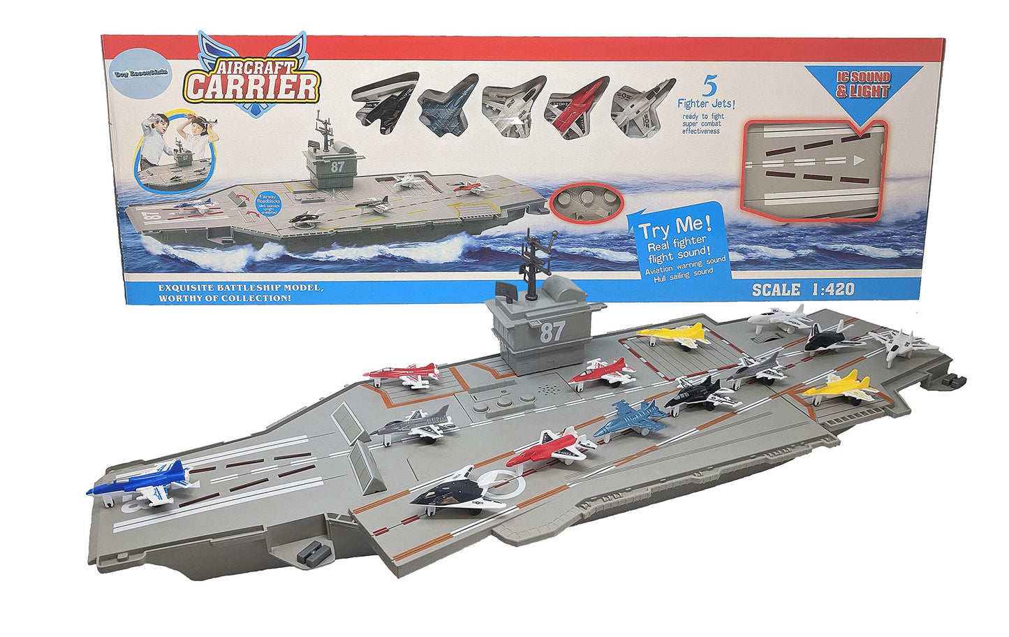30 Inch Aircraft Carrier Toy with Sound Effects and Light Up Runway (14 Fighter Jets)