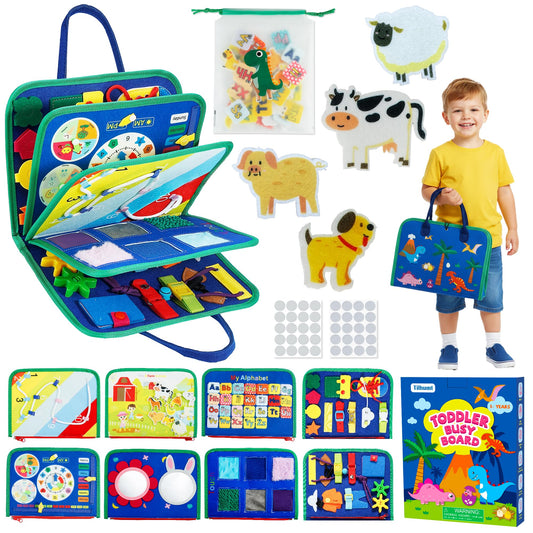 Tilhumt 8 in 1 Busy Book for Toddler 1-3, Montessori Boy Board with Storage Bag for Travel Quiet Learning Sensory Toys, Felt Busy Book for Baby Educational Gift Activities Fine Motor Skills
