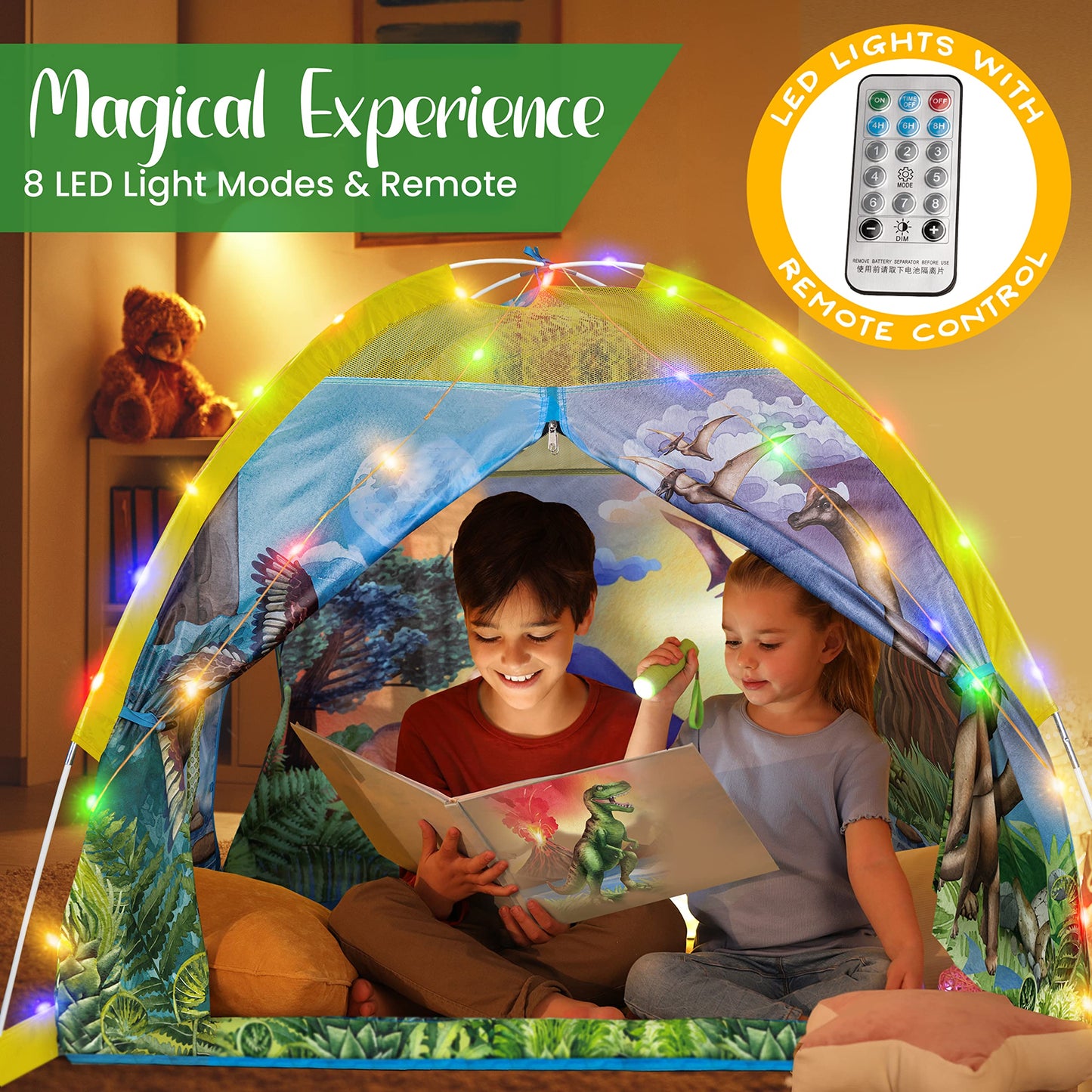 W&O Dino Super Dome with Roar Button, Dinosaur Toys and LED Lights - Epic Dinosaur Tent for Kids Aged 3-12 Perfect for Indoor & Outdoor Adventures