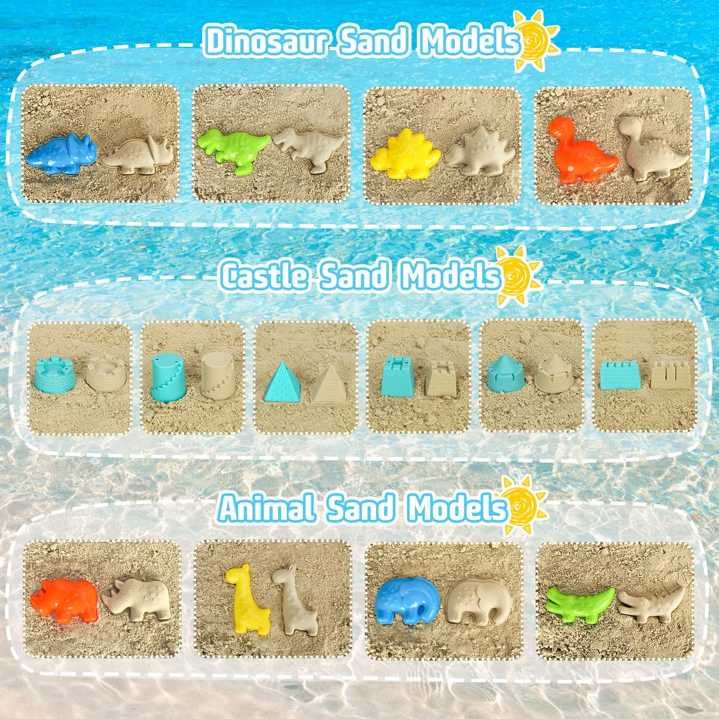 FUSPWEAO Beach Toys, Dinosaur Sand Toys with Dump Truck and Collapsible Beach Bucket, Shovel and Rake, Mesh Bag, Animal Dinosaur Sand Molds, Sand Castle Toy, Sandbox Toys for Toddlers Kids Boys