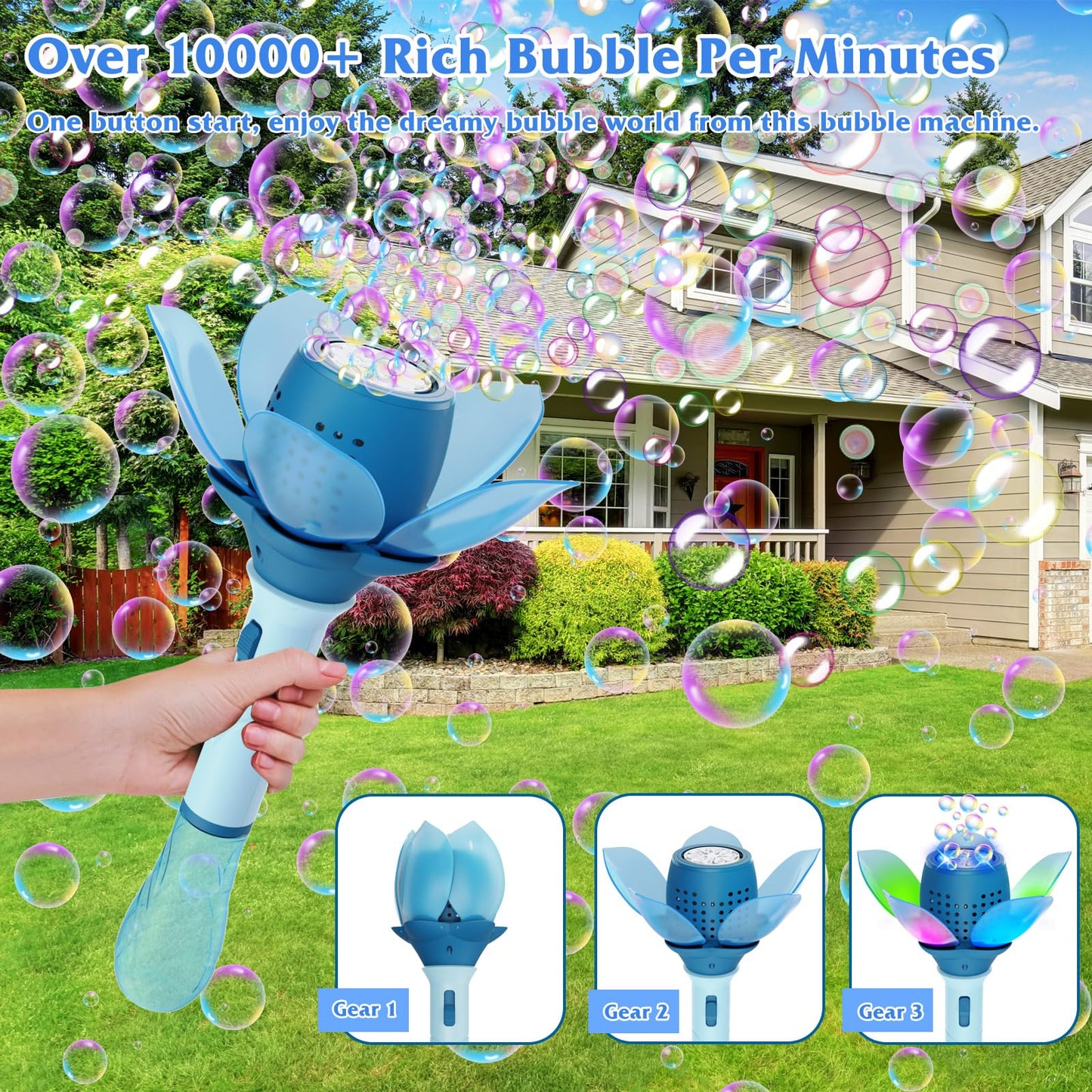 Panamalar Electric Bubble Wand for Kids, Automatic Bubble Machine 10000+ Bubbles Per Minute with Battery/Lights/120ml Solution, Light Up Flower Bubble Wand Bubble Toys for Summer Outdoor Party Wedding