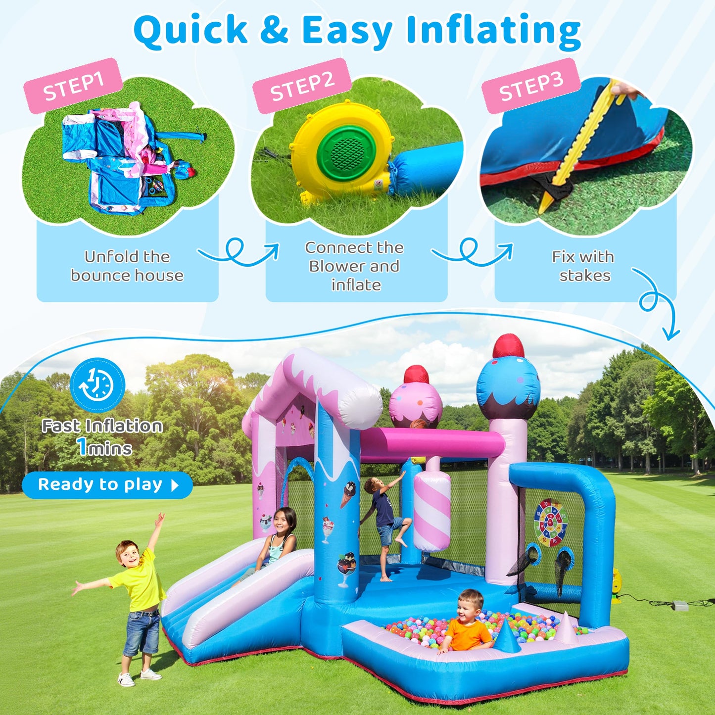 TOAOB Inflatable Bounce House - 8-in-1 Bouncer House for Kids Ages 3-6, Indoor & Outdoor Bouncy Jumping Castle Slide with Blower for Backyard Birthday Party