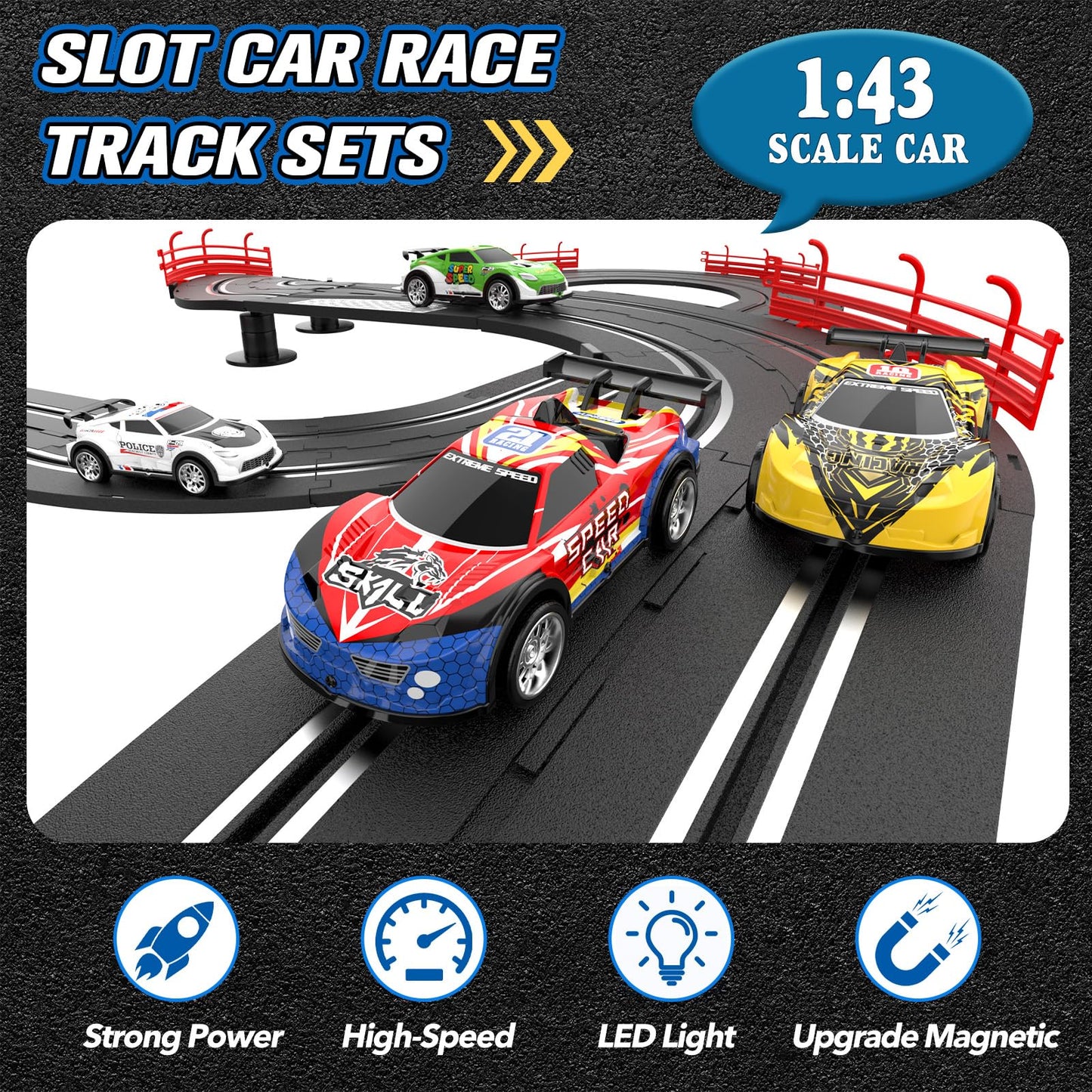 3-in-1 Slot Car Race Track Sets with 4 High-Speed Cars, Electric Track, Dual Racing Game with Lap Counter & 2 Controllers, and Circular Overpass Design – Toy Gift for Boys Kids Ages 4-6 6-8 8-12