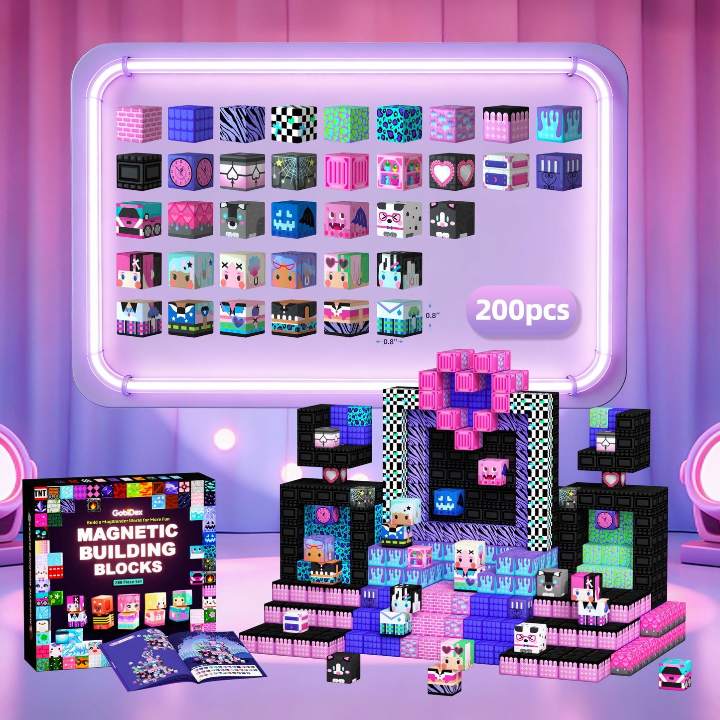 GobiDex 200PCS Magnetic Building Blocks for Kids, STEM Toys to Build MagWonder Castle & World, Creative Sensory Play Gift for Girls Ages 3+