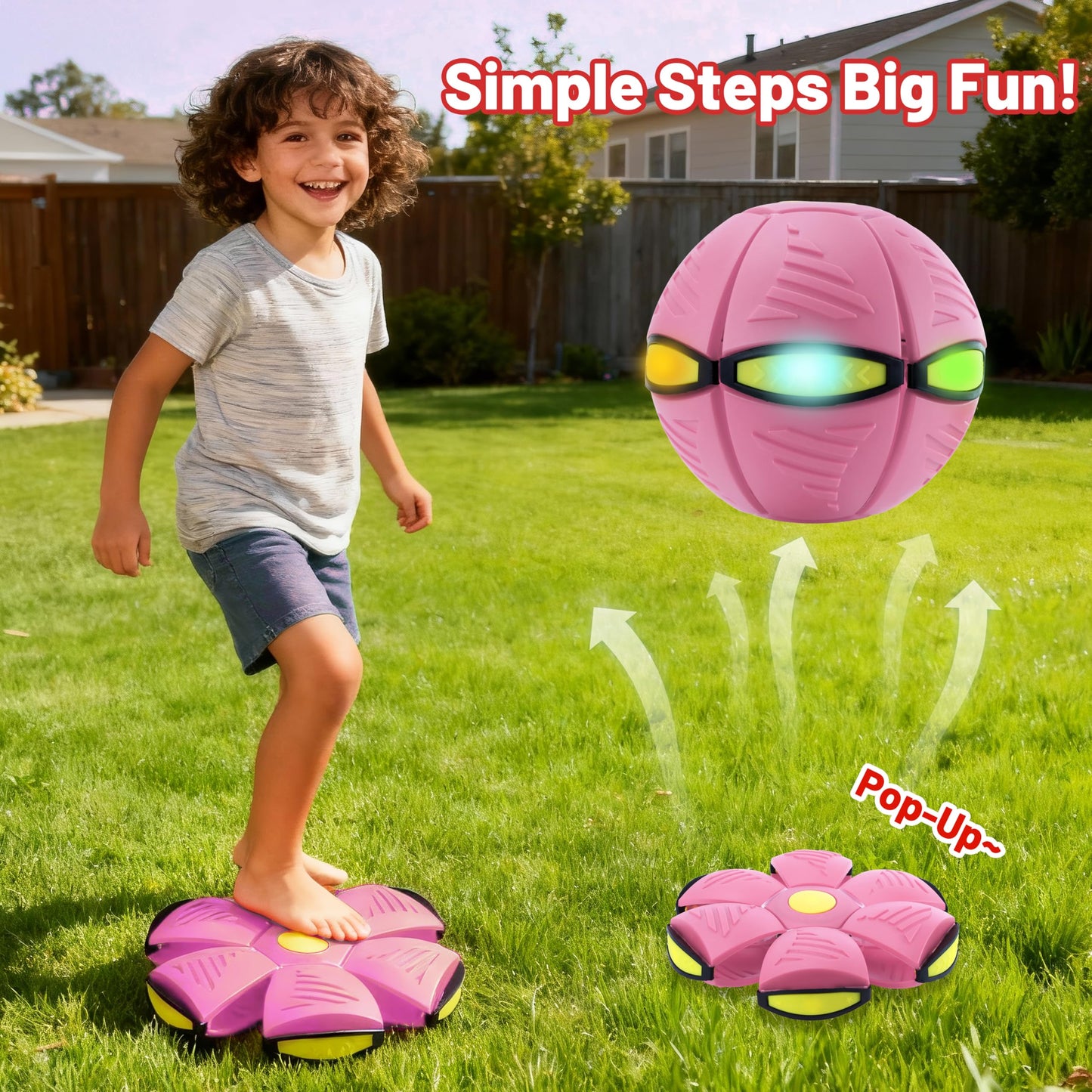 Magic Metaball, Children's Bouncing Ball, 2PCS Magic Flying Saucer Interactive Pop-Up Transform Toy, Parent-Child Interaction Pink & Light Blue Bouncy Ball, Delay Frisbee Flying Disc Toy with 6 Light