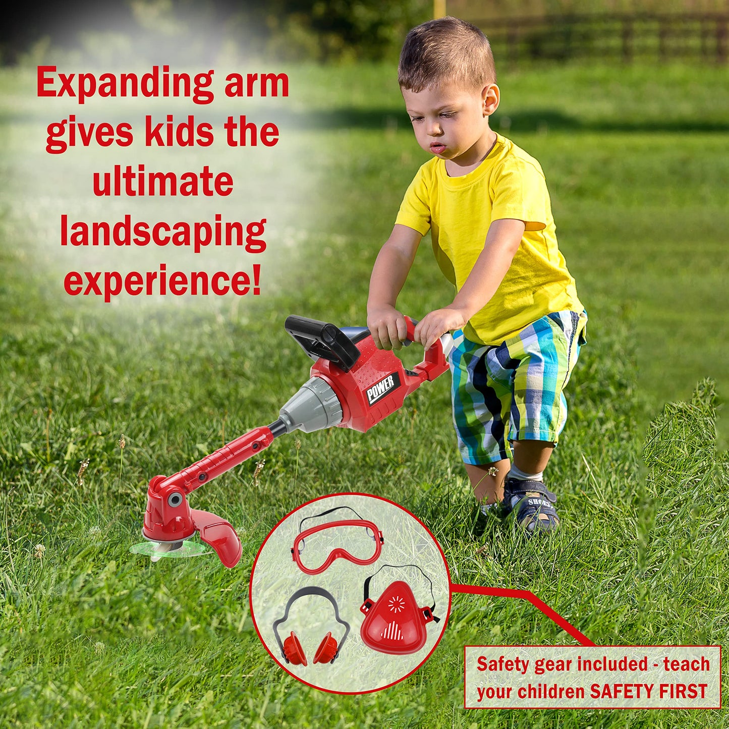 TeganPlay Kids Weed Trimmer Toy for Toddler Landscaping Gardening Tools and Equipments with Lights and Sounds Includes Mask Safety Goggles and Earmuffs