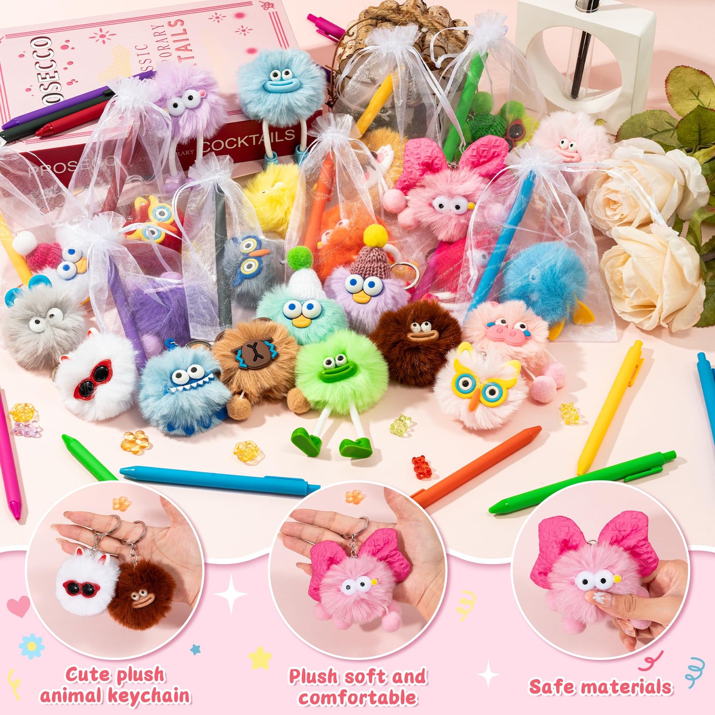 LieToi Kids Keychain Pens Gift - 24 Pack Cute Key Chains Goodie Bags Holiday Party Favors Elementary Classroom Student Prizes Easter Egg Fillers Basket Stuffers Keyrings Bulk Birthday Carnival Gift