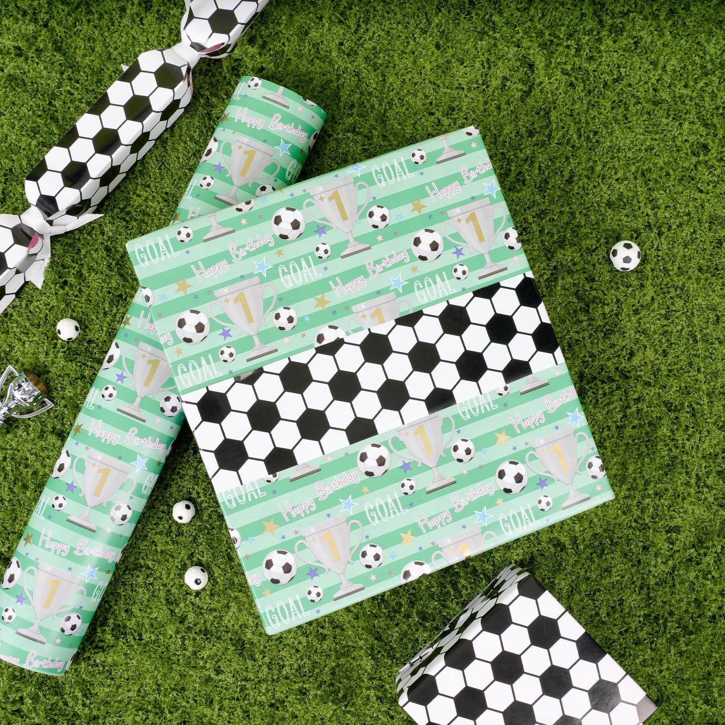 BIOBROWN Reversible Soccer Wrapping Paper for Kids Boys - 17 Inch X 33 Ft - Goal & Trophies Design Sports Gift Wrap Paper for Teens Birthday Party Holiday Soccer Fans