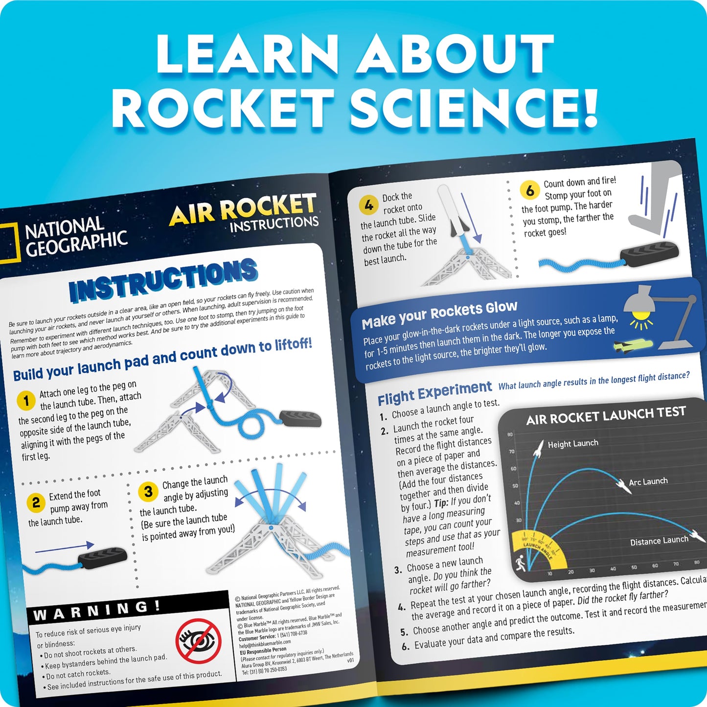 National Geographic Air Rocket Launcher Science Kit – Jump & Launch Glow-in-the-Dark Foam Rockets up to 100 Feet, Outdoor Toys for Kids 8–12, Backyard STEM Activity with Adjustable Launch Base