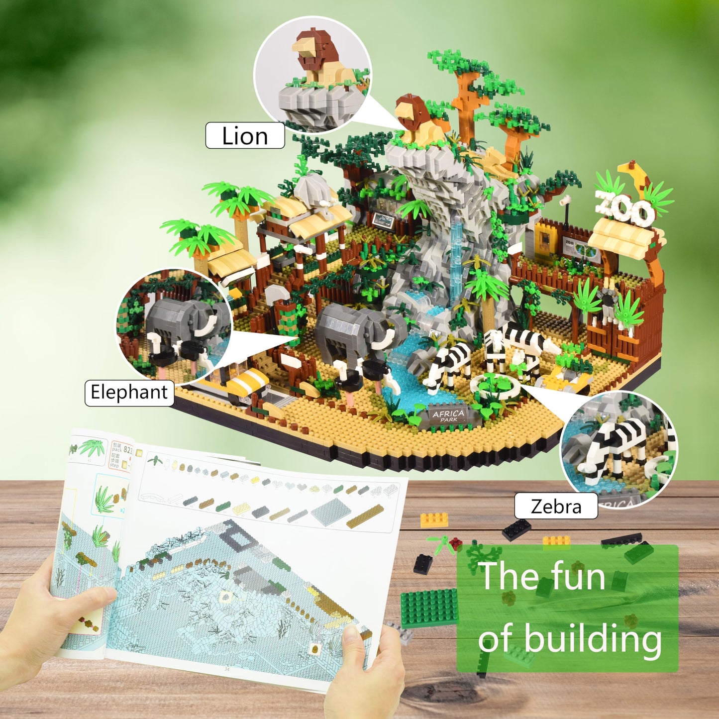 wriyvngs Zoo Micro Building Blocks Set, Desert Wildlife Animals Park Building Kit with Lions, Elephants, Zebras and Safari Truck, Home & Office Decor, Birthday for Adults and Age 14+ (4800PCS)
