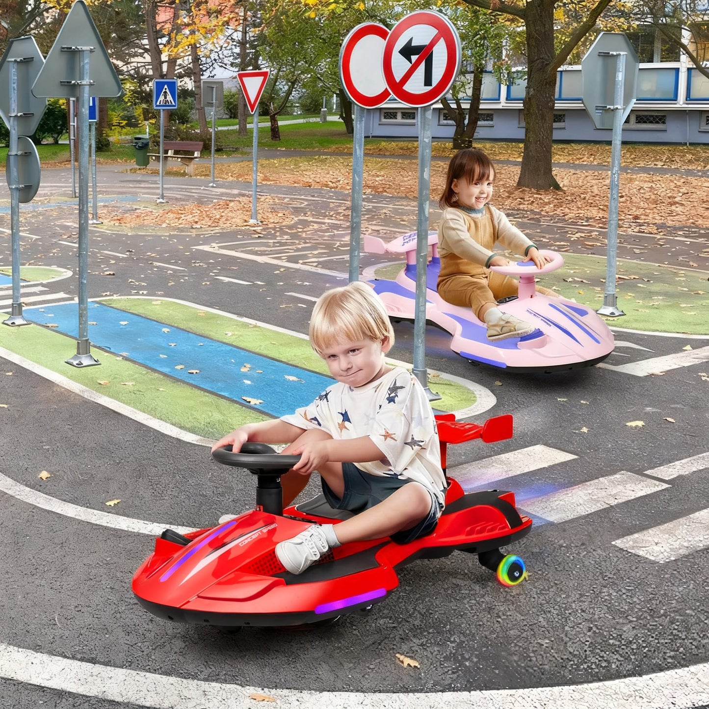 12V Electric Wiggle Car with Pedal for Kids, Rechargeable 2 in 1 Swing Toy, Devil Drifting Car with Backrests, Anti-Rollover, Spray, Light, Bluetooth, Maximum Speed up to 4 mph, for Ages 3 and Up