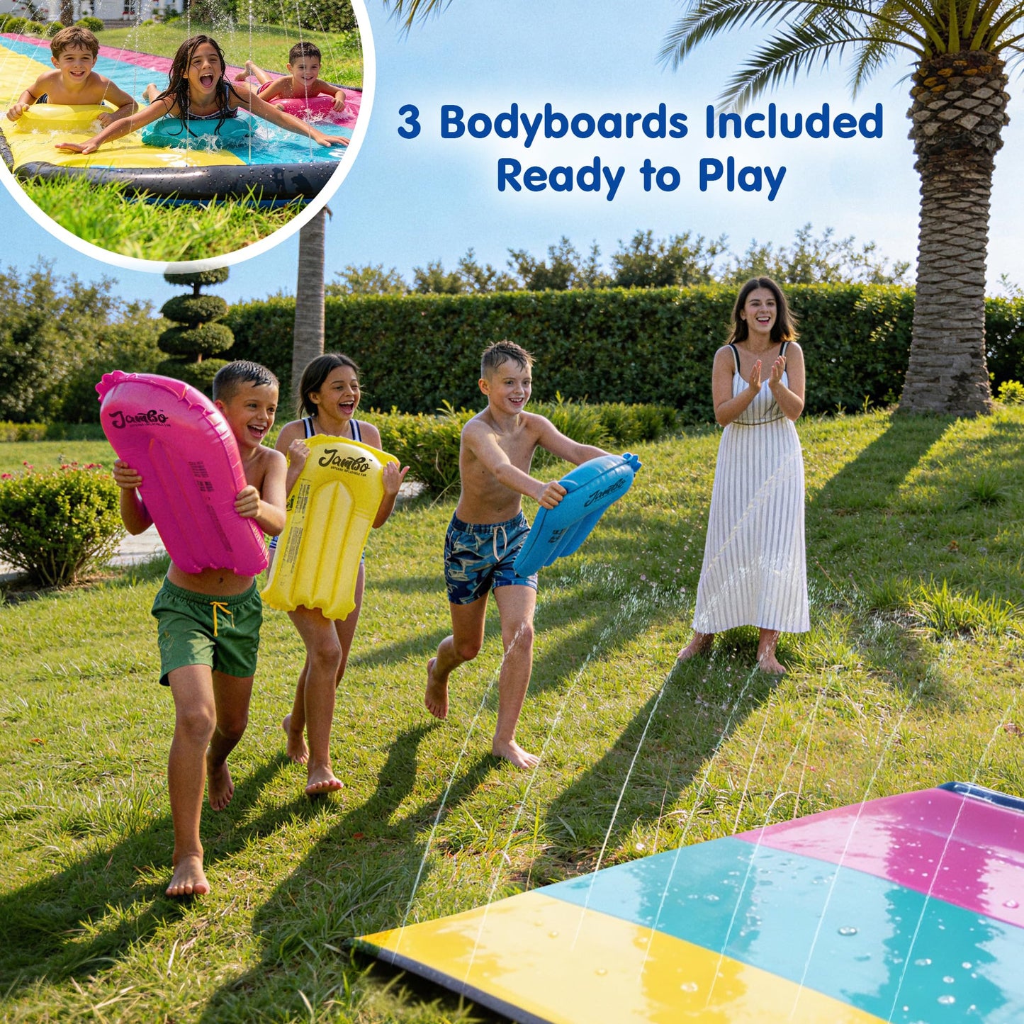 JAMBO XL 20Ft Summer Vibes Premium Slip and Slide with 3 Bodyboards, Heavy Duty Water Slide- Advanced 3-Way Water Sprinkler System, Backyard Waterslide Outdoor Water Toys n Slides for Kids