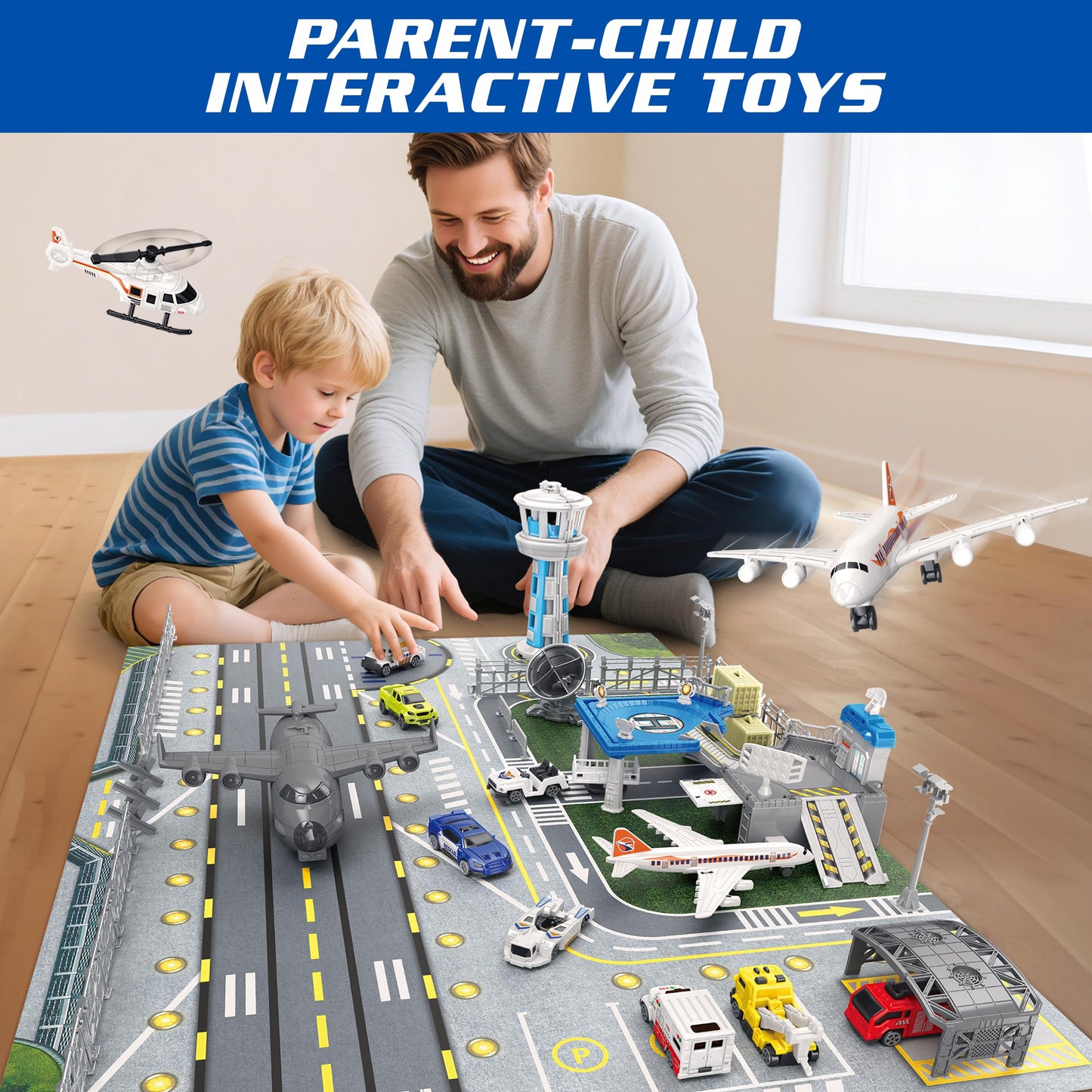 XDUOYJOY Airplane Toy Set with Trucks, Helicopter, Planes and Playmat, Airport Aviation Toys for Boys Girls, Great Gift for Birthday Christmas
