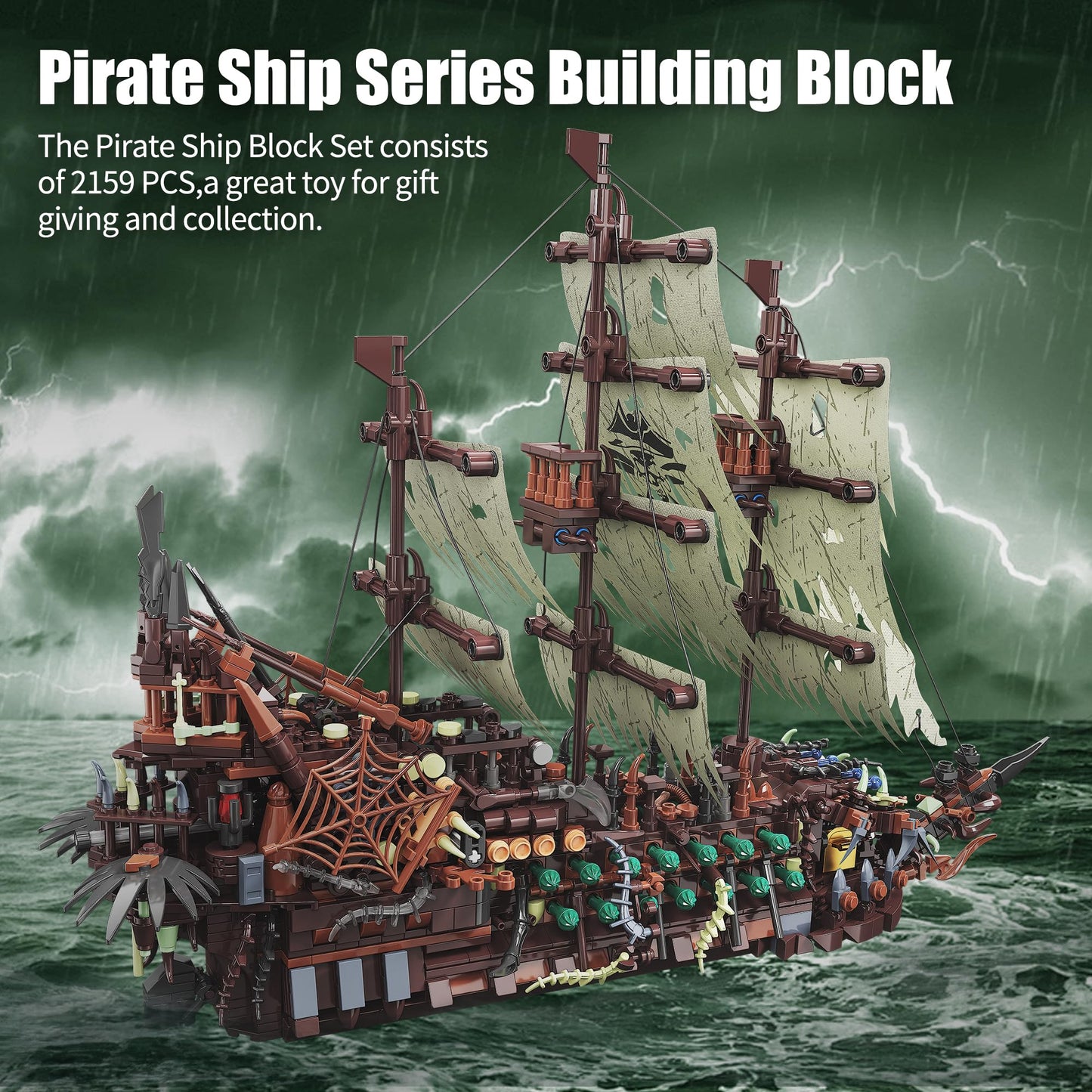 TYCOLE Pirate Ship Building Sets with Lights, MOC Flying Dutchman Model Toy Boat, Ghost Ship Building Blocks Sets, Great for Adults and Teens as a Birthday or Party Gifts(2159Pieces)