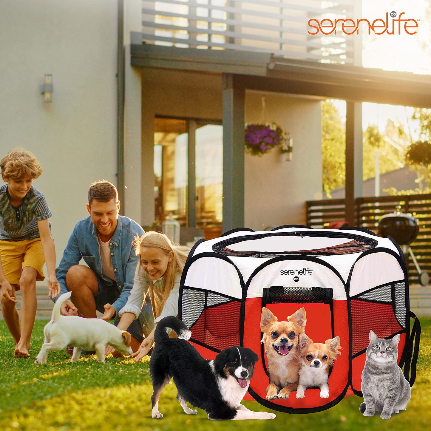 SereneLife On-The-Go Foldable Portable Pet Tent 8-Panel Playpen for Dog & Cat w/Food/Water Bowl, Mesh Exercise Puppy Playground, Pet House Indoor & Outdoor, Travel & Camping Pet Kennel (Red- Medium)