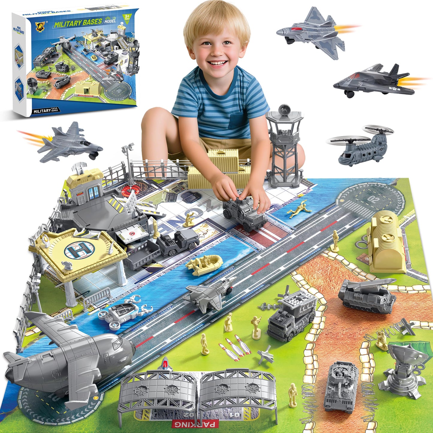 Military Base Building Playset, Army Toys with 11 Vehicles Airplane Helicopter Fighter Jet Army Men Action Figures and Play Map, Birthday Gift for 3 4 5 Year Old Boys Girls Kids