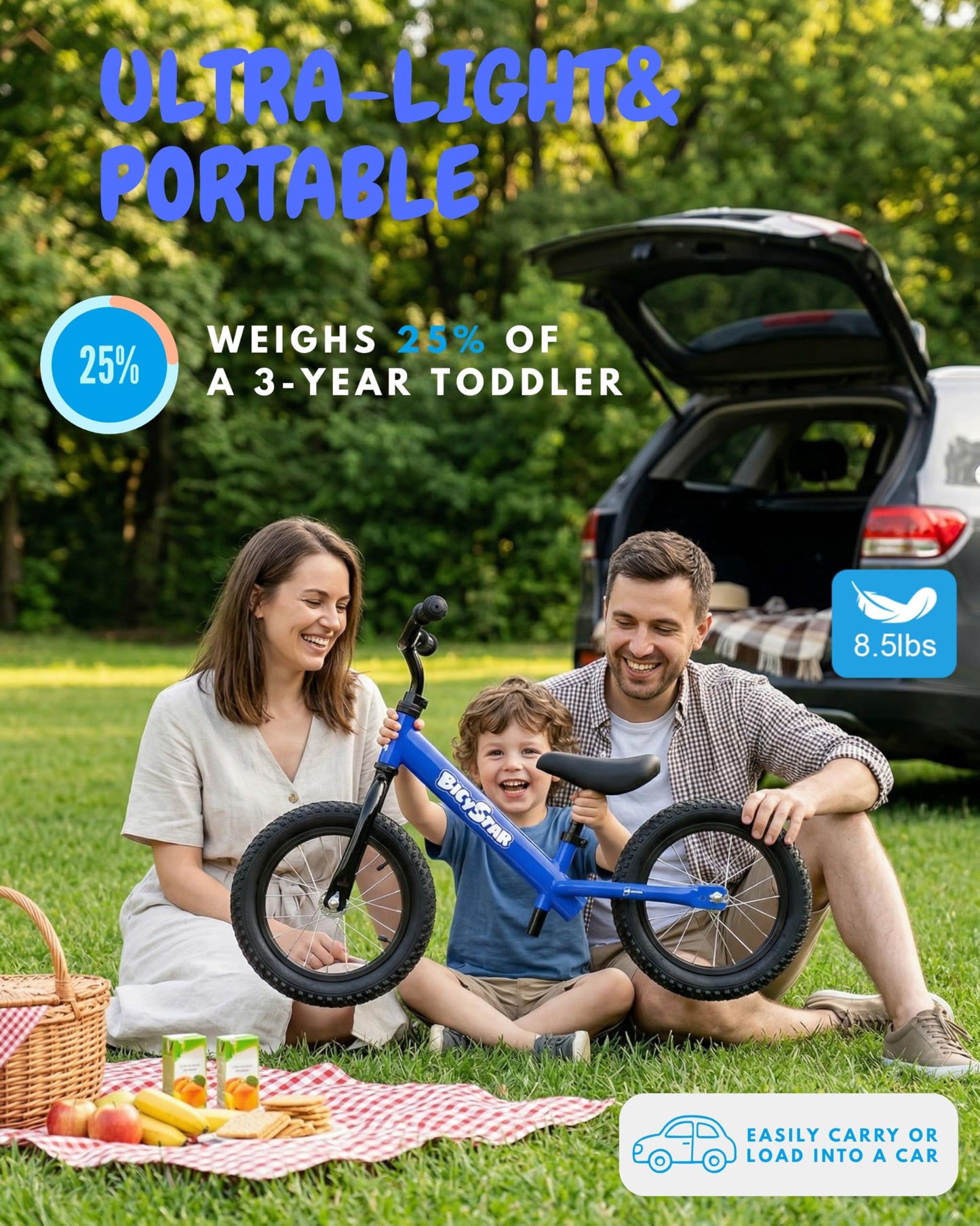 Bicystar 14 Inch Balance Bike for Kids 3-6 Year Old, No Pedals, Air Rubber Tires, Adjustable Height, Pedalless Bicycle for Boys, Girls, Dark Blue