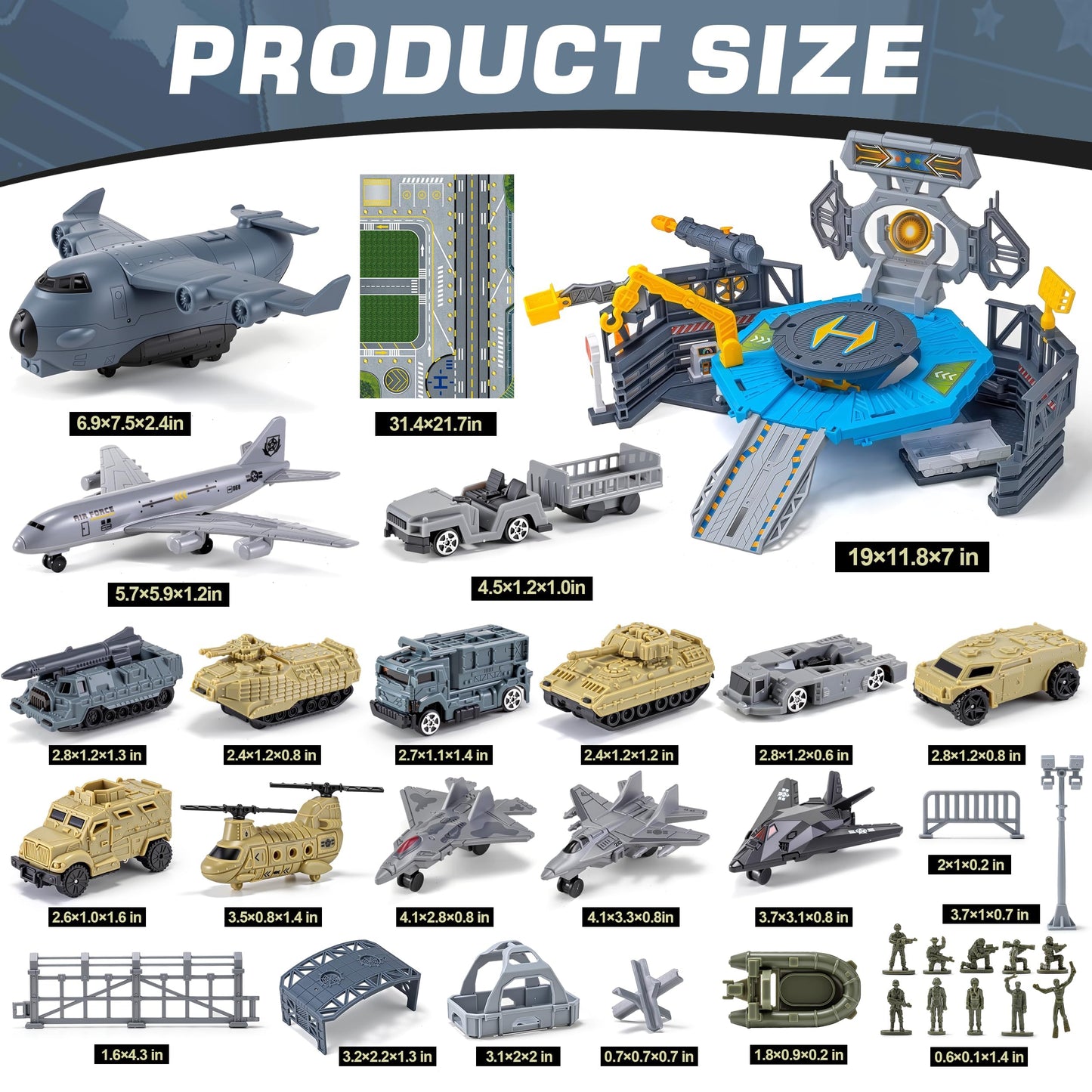 Military Airplane Toy, Army Toys Military Base Set with 14 Vehicles Plane Tank Trucks Helicopter Fighter Jet, Airport Play Mat with Army Men Action Figures and Accessories, Birthday Gift for Kids