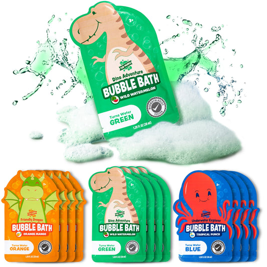 Tub Works® Magical Kids Bubble Bath, Variety 12 Pack | Creates Colorful Water & Tons of Bath Bubbles | Nontoxic | Character-Themed Bubble Bath for Kids | Green, Blue & Orange Bath Colors