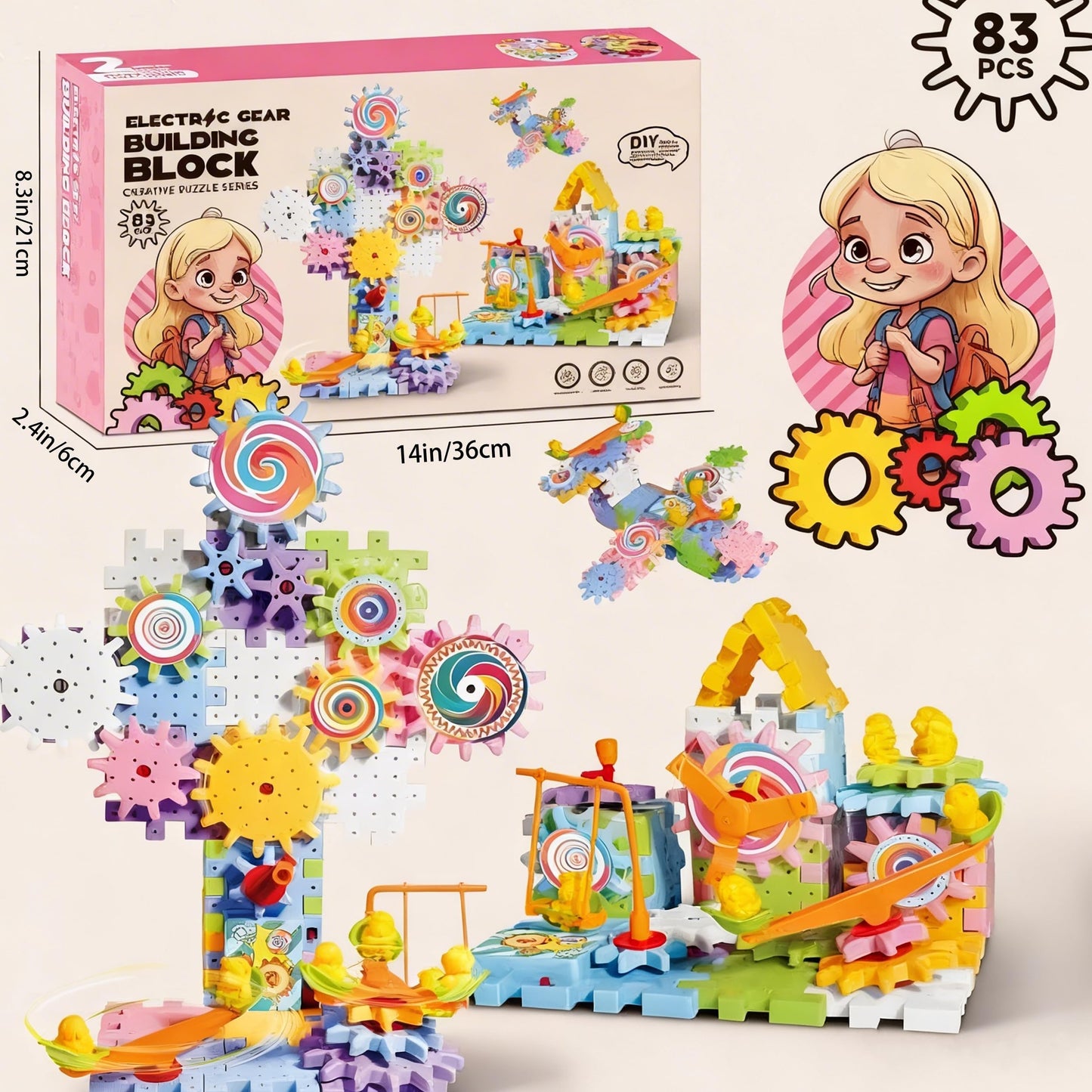 RivanPal 83 Pieces Gear Building Blocks Set Kids Tool Set, Colorful Interlocking Gears and Puzzle Pieces, Creative Construction Toy, STEM Learning