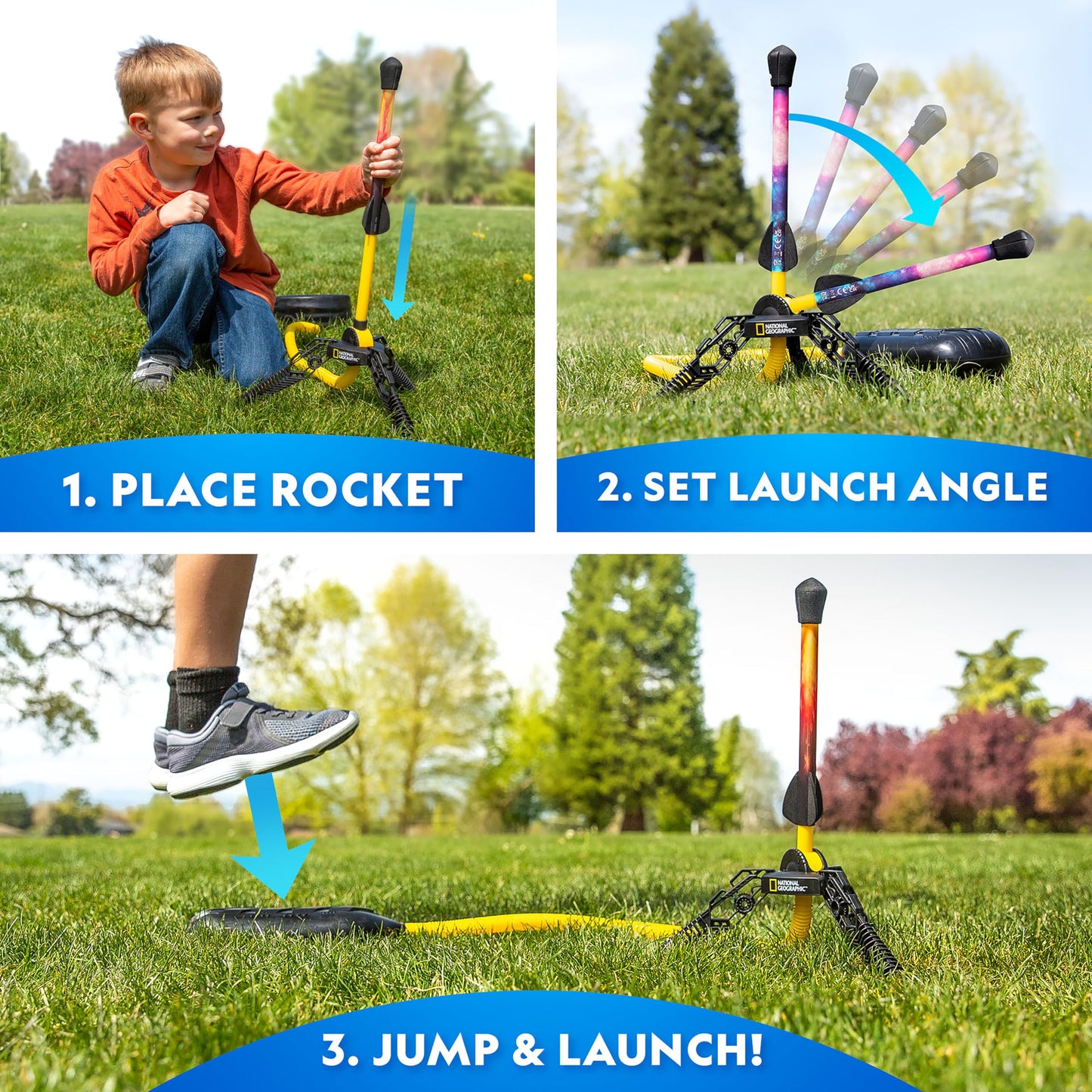 National Geographic Air Rocket Toy – Ultimate LED Rocket Launcher for Kids, Jump and Launch the Light Up, Air Powered, Foam Tipped Rockets up to 100 Feet