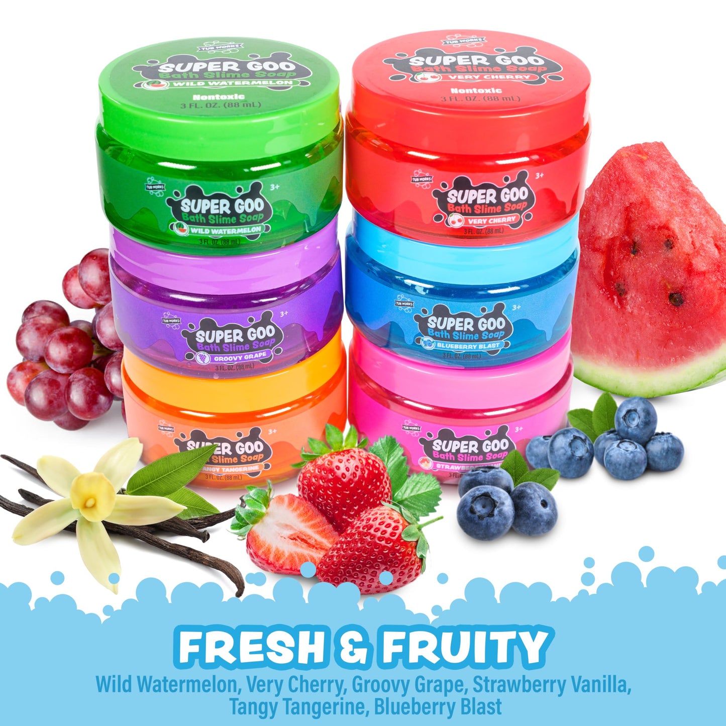 Tub Works® Super Goo Bath Slime™ Kids Soap Bath Toy, 6 Pack | Stretchy, Squishy Slime Soap for Toddler Bath | Fresh, Fruity Scents | Nontoxic | Sensory Fun Kids & Toddler Bath Toys