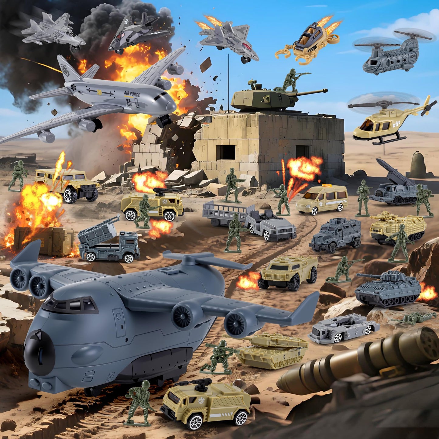 XDUOYJOY 33 in 1 Military Airplane Toy with Army Men Action Figures, Army Toys Playset with Vehicles Tanks Trucks Plane Helicopters Fighter Jets and Play Mat, Gifts for Boys Girls