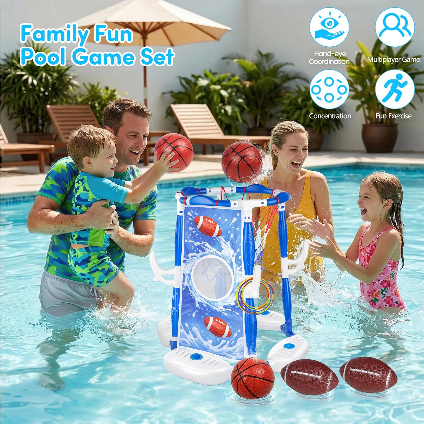 PJG Pool Basketball Hoop, 3-in-1 Floating Poolside Basketball Ring Game Football for Kids Ages 3-12, Outdoor Summer Swimming Pool Party Water Toy for Family Adults Boys Grils Birthday Gift (Blue)