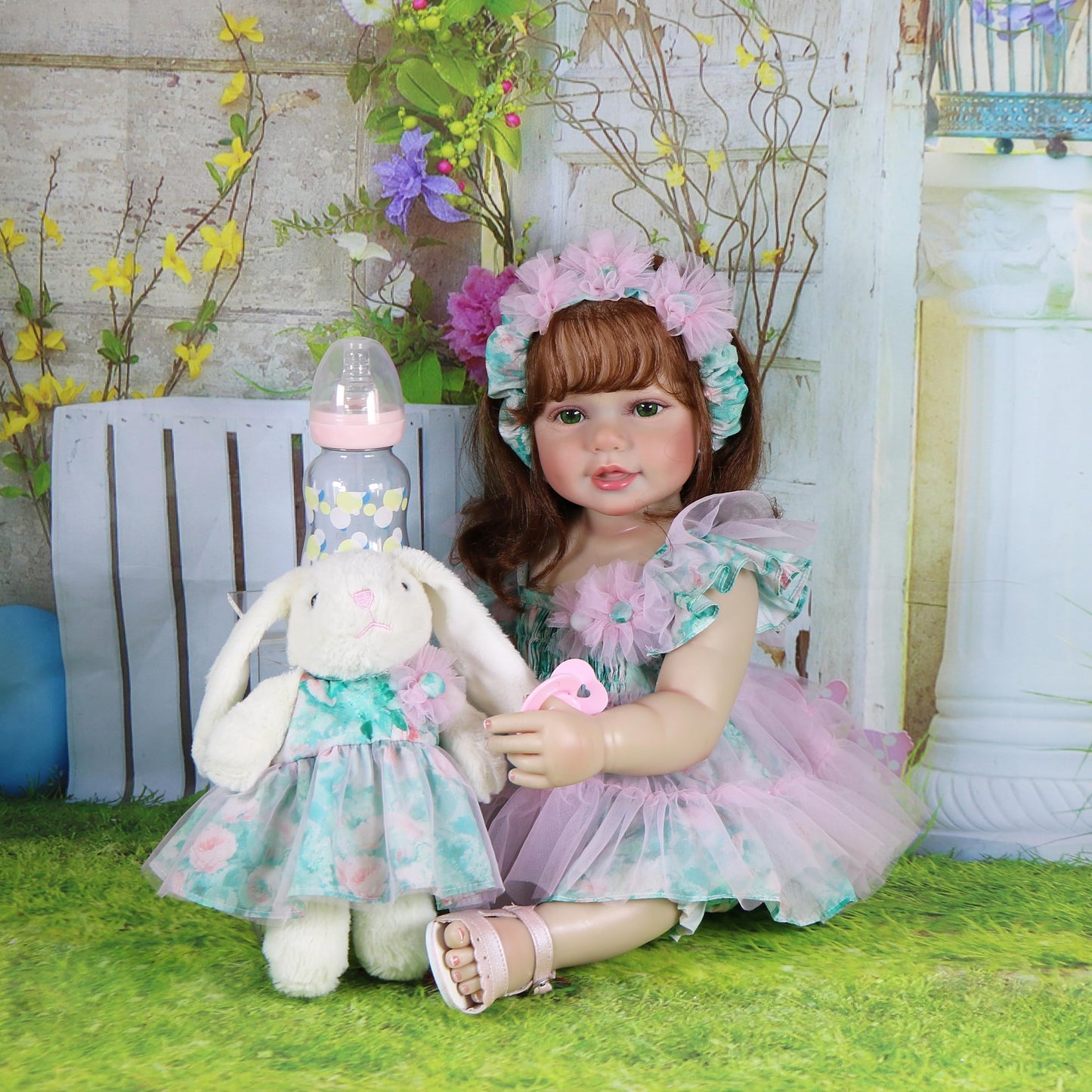 WAWA-HAOKEAI Garden Party – 22 Inch Realistic Reborn Toddler Girl Doll with Hand-Rooted Red Hair & Green Eyes, Poseable Full Vinyl Body, Bunny Plush Gift Set – Ages 3+