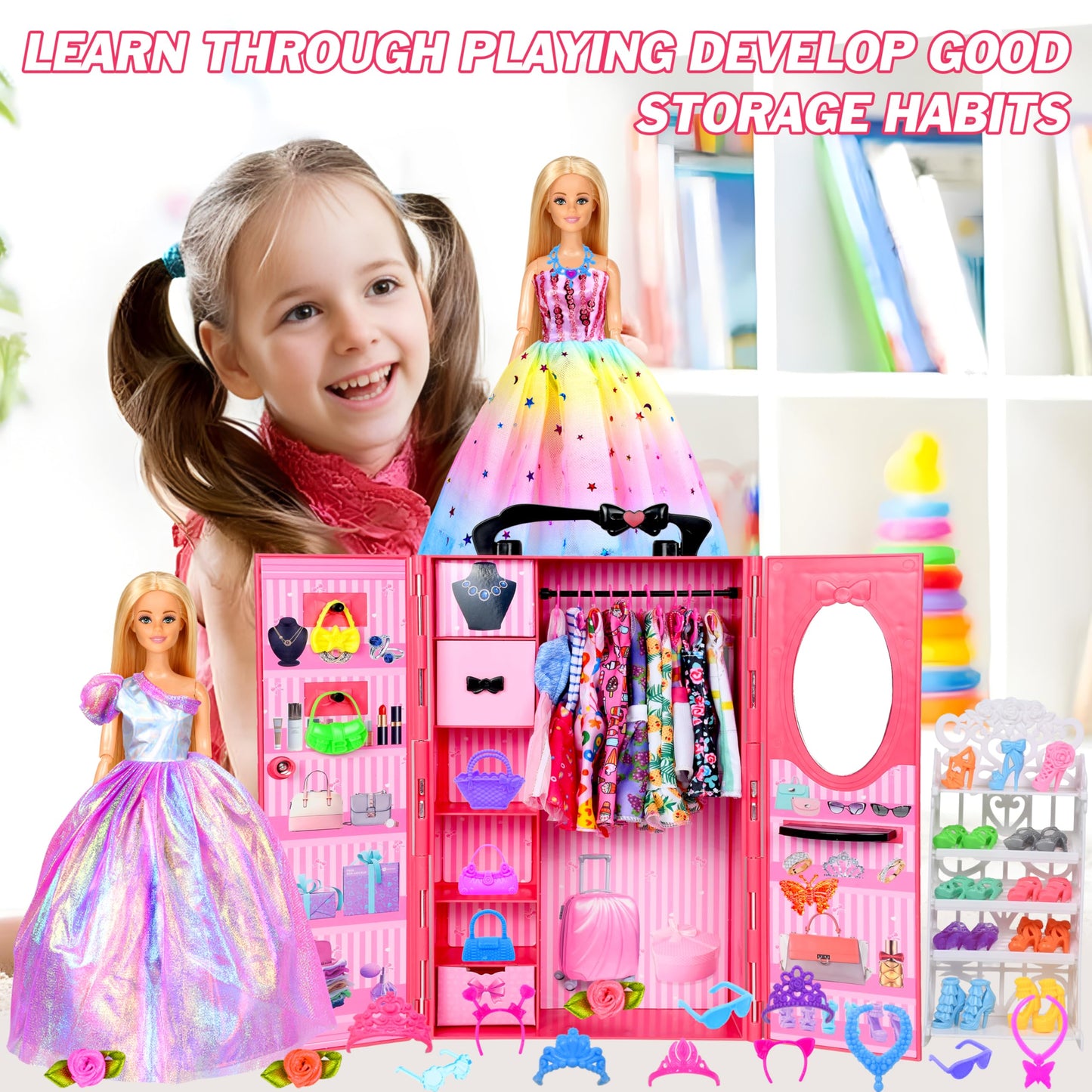 150 Pcs Doll Clothes and Accessories Playset with Dolls for Girls, Princess Gowns, Fashion Dresses, Swimsuits, Tops, Pants, Shoes, Bags Jewelrys in Closet for Doll Dress Up Fit for 11.5" Dolls