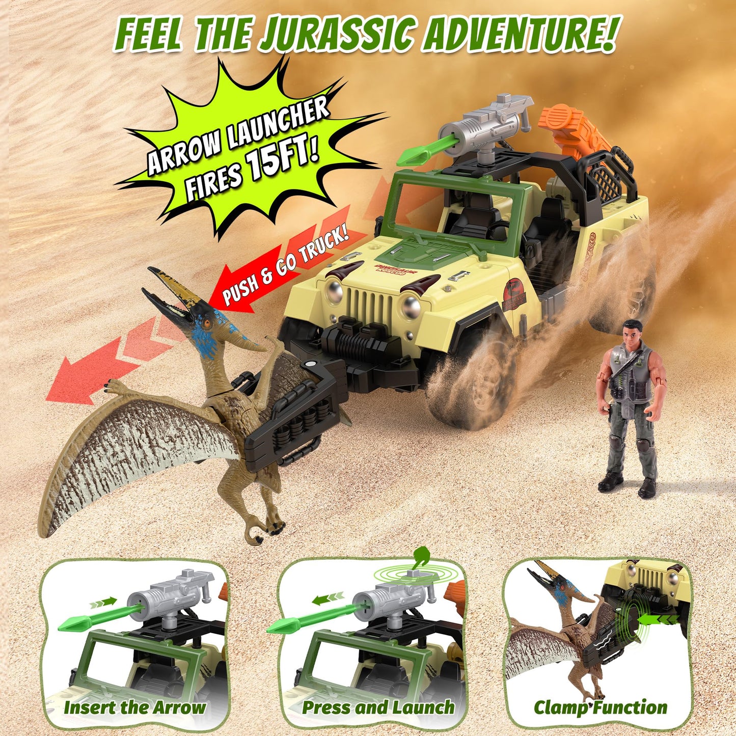 EKU Dinosaur Toys Truck with Human, 10 Realistic Sounds, 15ft Launch, Capture Net, Clamp, Wing Flapping Quetzalcoatlus Dino for Jurassic World Role Play Adventure Rescue Set Birthday Gift for Kids 3+