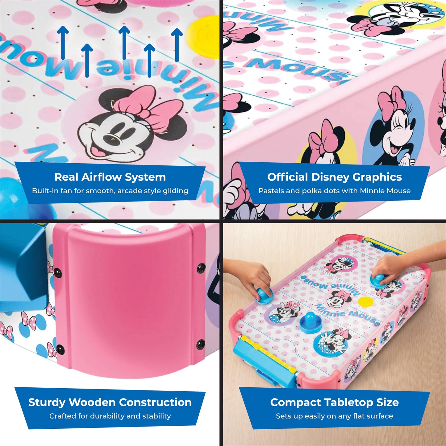 Disney Minnie Mouse Air Hockey Table for Kids - Wooden Tabletop Game with Puck, Pushers & Air Flow System - Disney Toys for Kids 4+