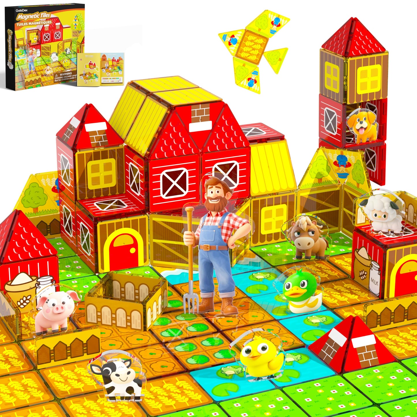 GobiDex Magnetic Tiles with Farm Animals Building Blocks, STEM Sensory Toys for Indoor, Outdoor, and Travel Play, Educational Magnet Toy Gift for Preschool Kids Ages 3-5, 4-8