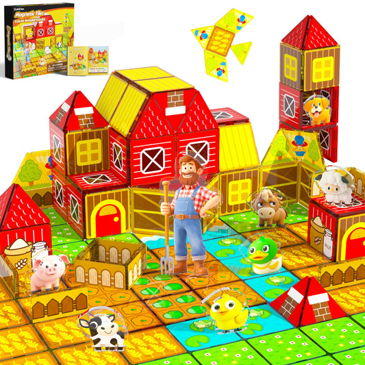 GobiDex Magnetic Tiles with Farm Animals Building Blocks, STEM Sensory Toys for Indoor, Outdoor, and Travel Play, Educational Magnet Toy Gift for Preschool Kids Ages 3-5, 4-8
