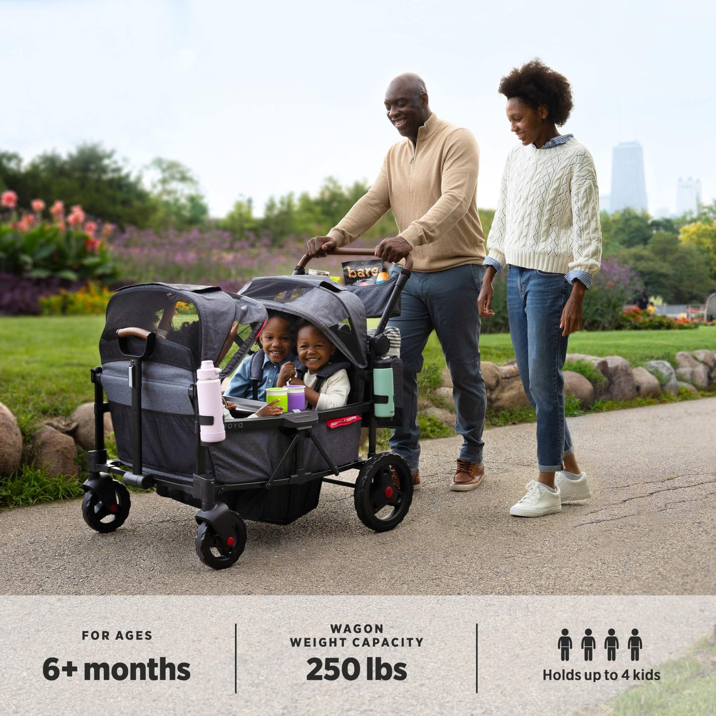 Radio Flyer Voya Quad Stroller Wagon, for Toddlers and Kids 6+ Months, Push or Pull, 4 Seats, Dual Sun Canopies, Compact Fold, Lightweight, Storage Space, 5-Point Harnesses, Stroller Wagon for Kids