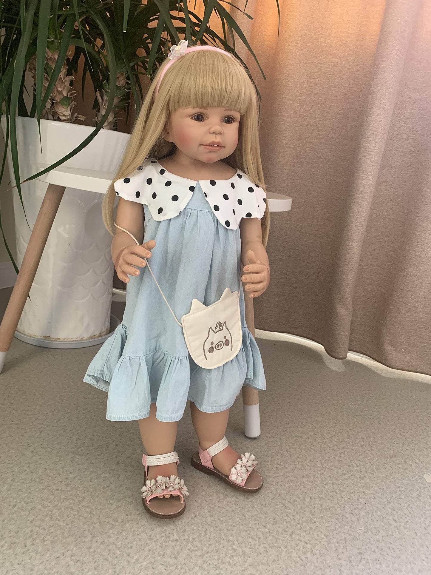 28inch Reborn Toddler Dolls,Huge Baby Full Body Hard Vinyl Standing Girl Handmade Real Realistic Girl Parts Blue Dress Great Qualtity Masterpiece Doll Model Collectible