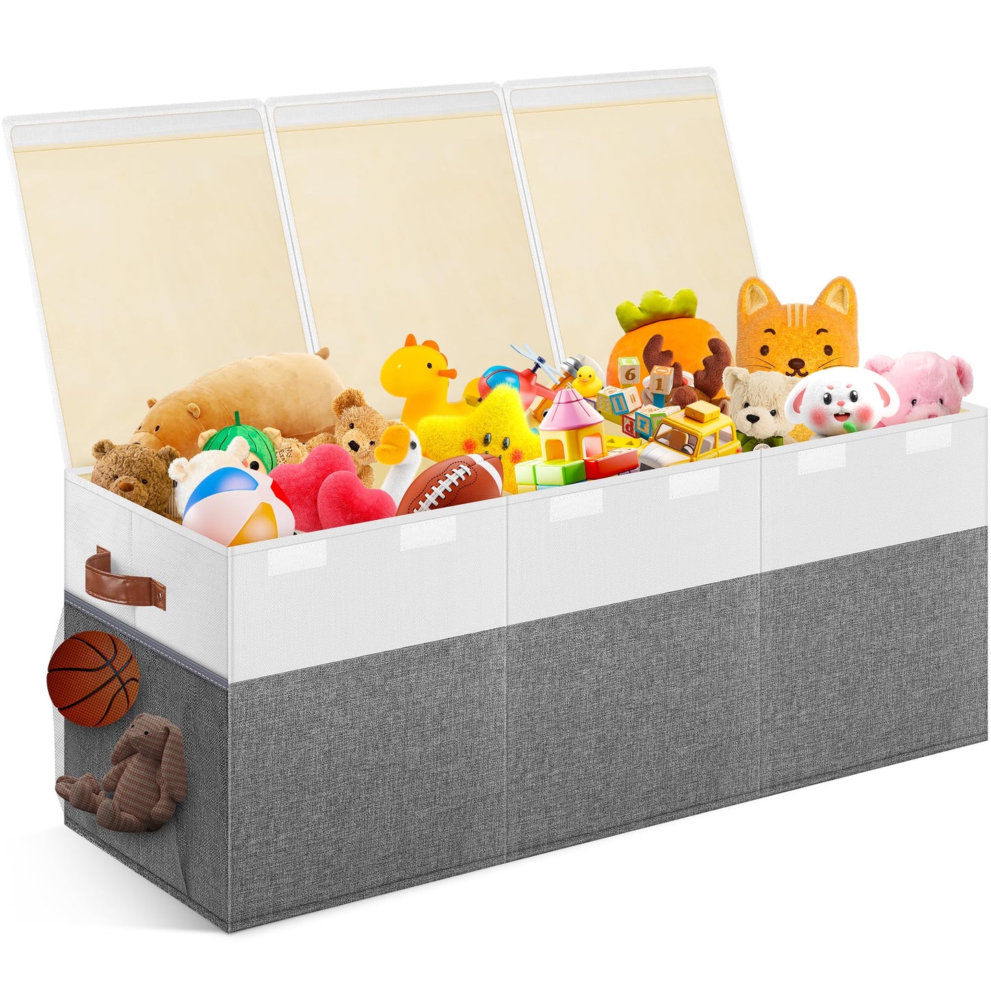 Extra Large Toy Storage Box with Lid, Collapsible Sturdy Toys Chest Storage Organizer Bin Basket with Divider for Kids, Boys, Girls, Closet, Playroom, Bedroom, Nursery, 40"X14"X16", Gray & White