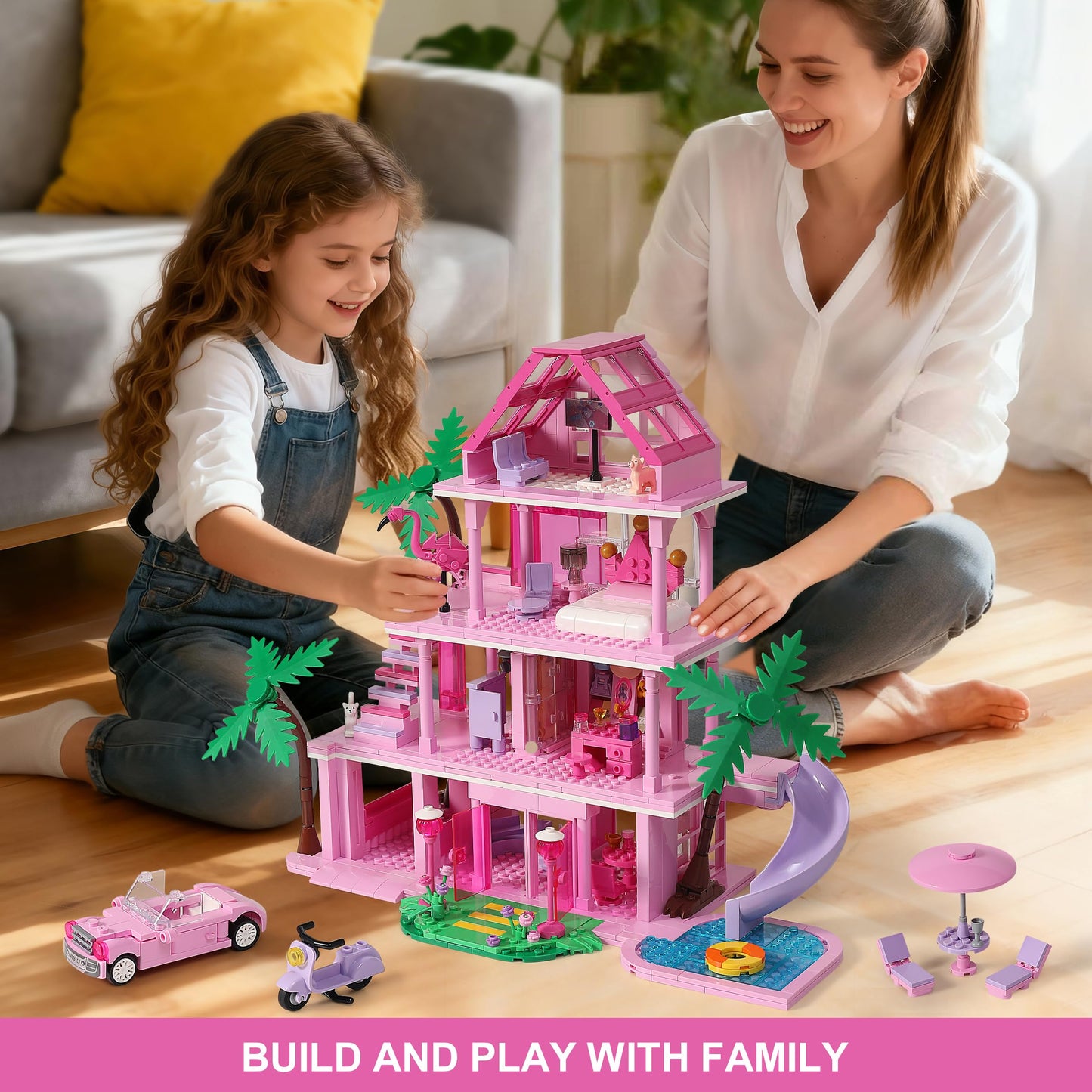 Girls House Building Sets Compatible with Lego Friends for Girls Age 8-12, 4-Story Pink Villa Building Blocks Toys with Pull-Out Floors, 903 Pieces Great Birthday Gift for Girls 8-14