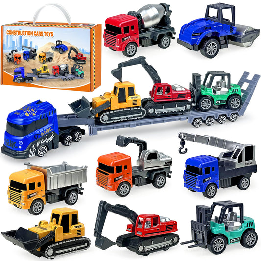 9 Pack Alloy Construction Truck Toys for 3 4 5 6 7 8 Years Old Boys Truck Vehicles Sand Sandbox Beach Toys Excavator Forklift Bulldozer Friction Powered
