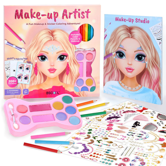 BSCOOL Make-up Artist. 3 in 1 Fun Makeup, Sticker, Coloring Kit, Includes Color Pencils, Makeup Palette, and 200+ Stickers. for Girls Ages 5,6,7,8. Make Up Style Coloring Book. Gift for Girls