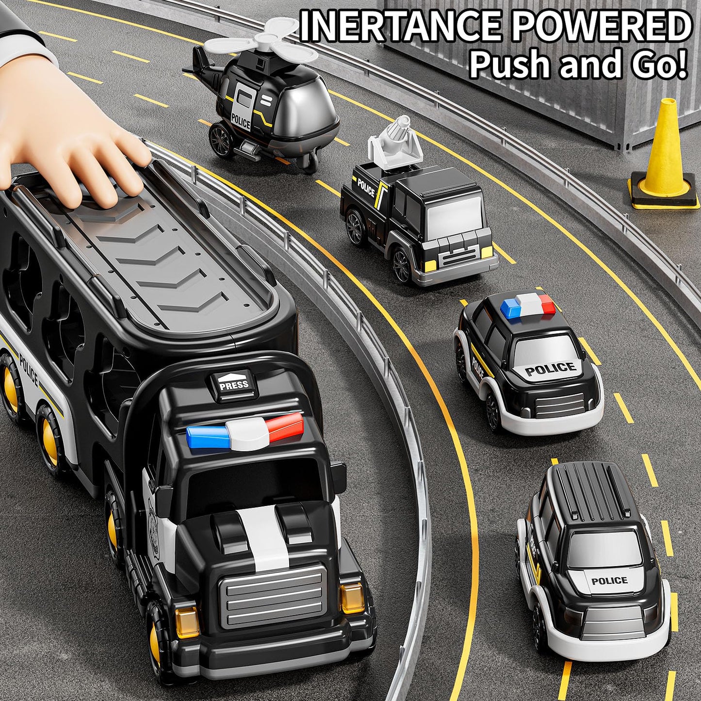 JUKUDAHU Police Truck Toy for 3 4 5 6 Years Old Boys - Carrier Vehicle Toy Set with 3 Small Cars and 1 Helicopter, Kids Firction Powered Car for Age 3-9, Gifts for Boys and Girls