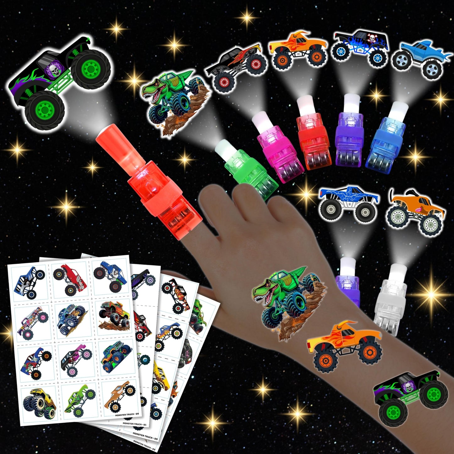 72 PCS Monster Truck Party Favors – 48 PCS Tattoos & 24 PCS LED Finger Lights Combo – Birthday Goodie Bag Fillers, Party Supplies, Gifts Light Up Toys Glow In The Dark for Boys and Girls