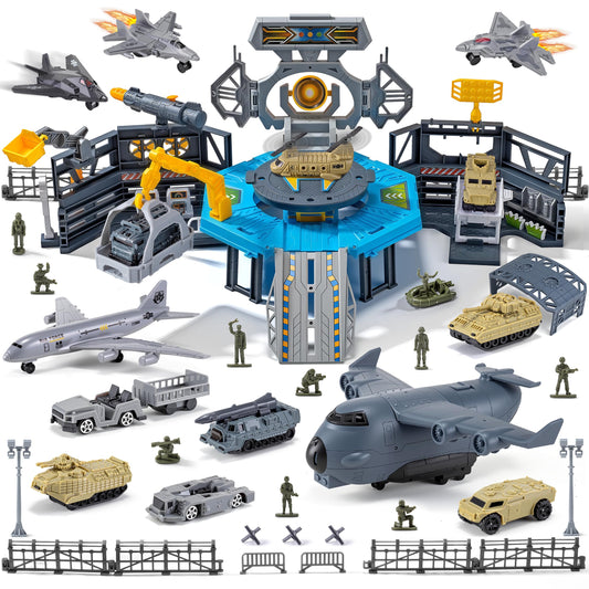 Military Airplane Toy, Army Toys Military Base Set with 14 Vehicles Plane Tank Trucks Helicopter Fighter Jet, Airport Play Mat with Army Men Action Figures and Accessories, Birthday Gift for Kids