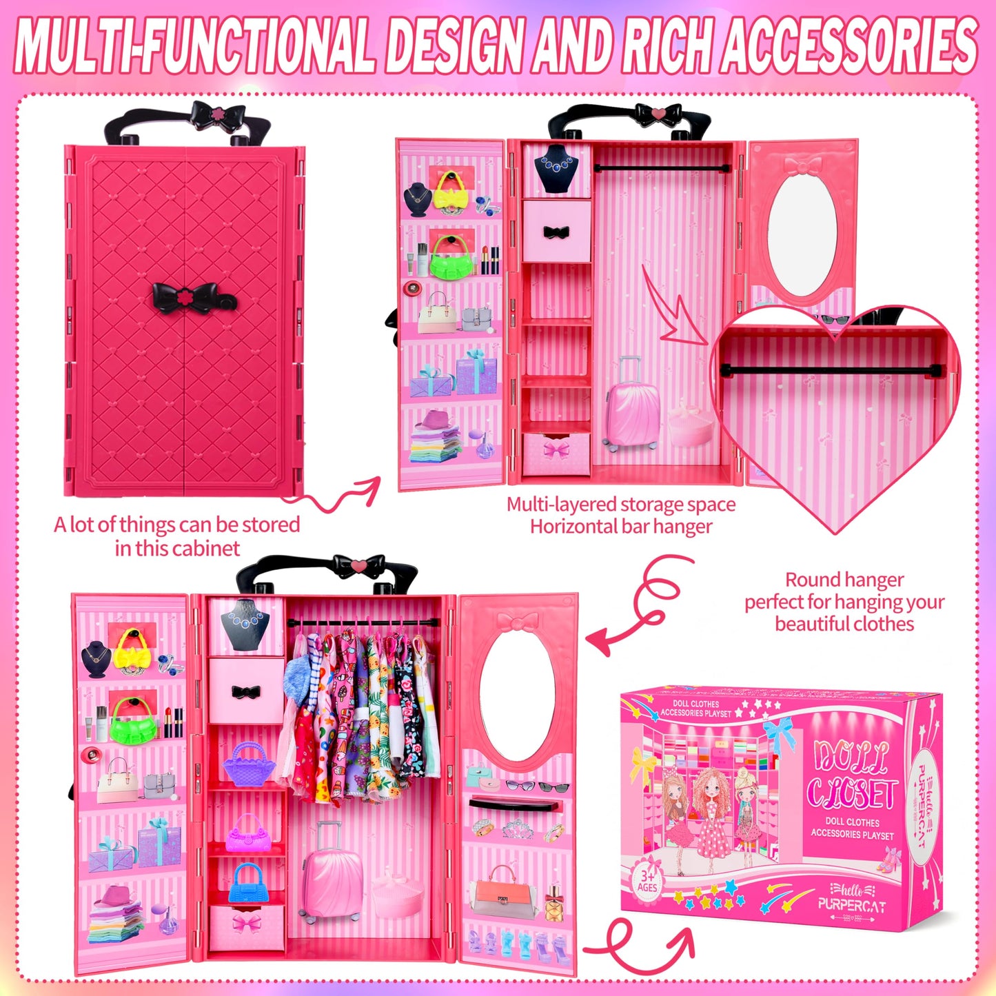 150 Pcs Doll Clothes and Accessories Playset with Dolls for Girls, Princess Gowns, Fashion Dresses, Swimsuits, Tops, Pants, Shoes, Bags Jewelrys in Closet for Doll Dress Up Fit for 11.5" Dolls