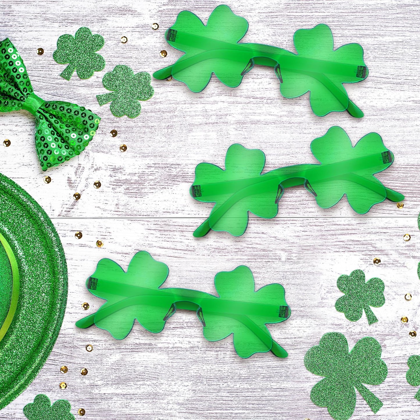 St Patricks Day Green Shamrock Glasses 6 PCS, Irish Four Leaf Clover Universal Fit Sunglasses Party Favor Supplies Accessories, Saint Patricks Gifts Decorations Photo Props for Parade Outfits Costume