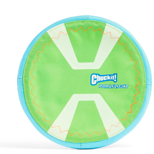 Chuckit! Max Glow Paraflight Flying Disc Dog Toy - Water Floating Flyer - Durable Nylon Construction with Soft Rubber Edges - For Medium and Large Dogs - Size Large - 9.75" L x 9.75" W - Pack of 1