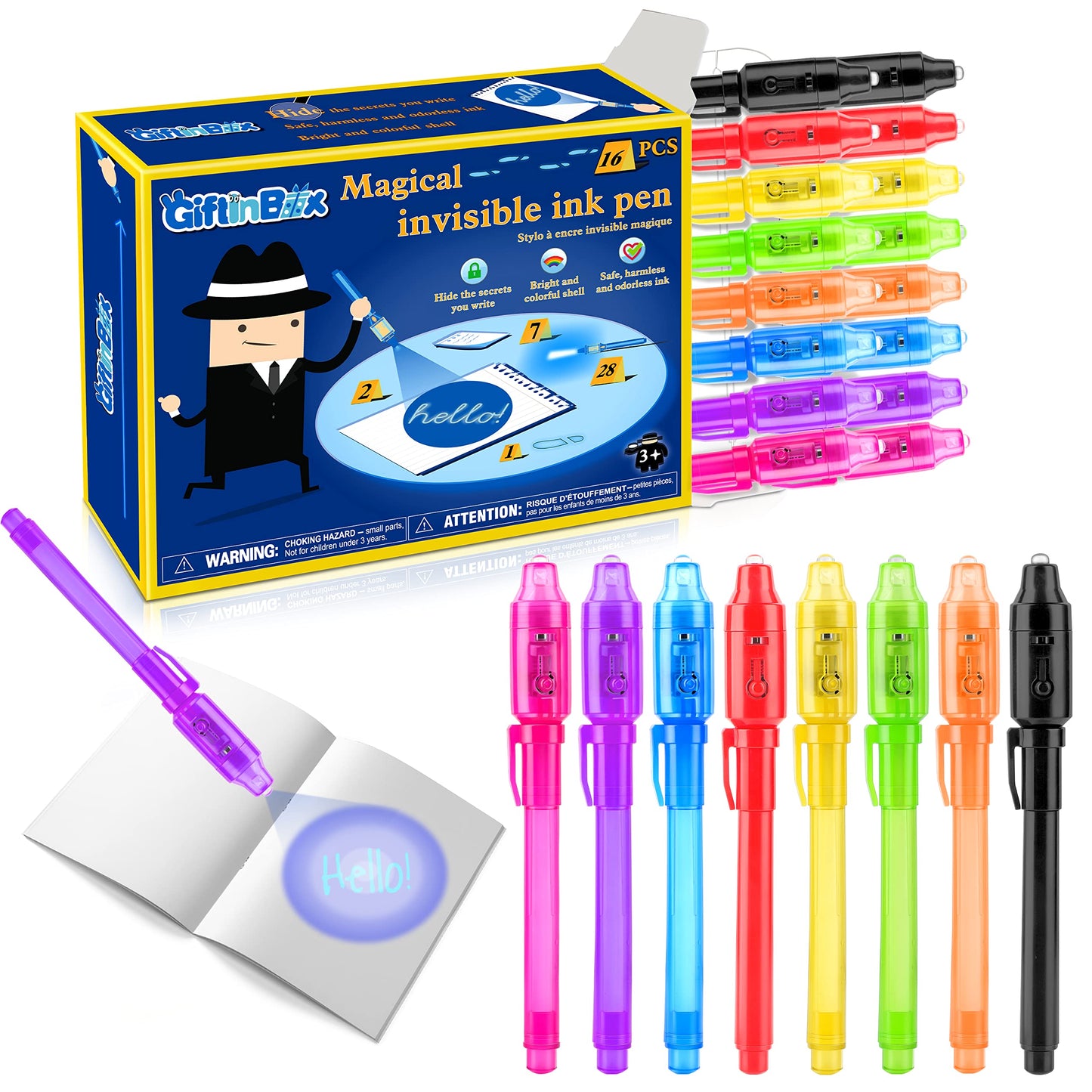 GIFTINBOX Invisible Ink Pen, 16PCS Spy Pen with UV Light for Kids, Birthday Party Favors for Kids 4-8 8-12, Classroom Prize for Students Magic Marker for Secret Message