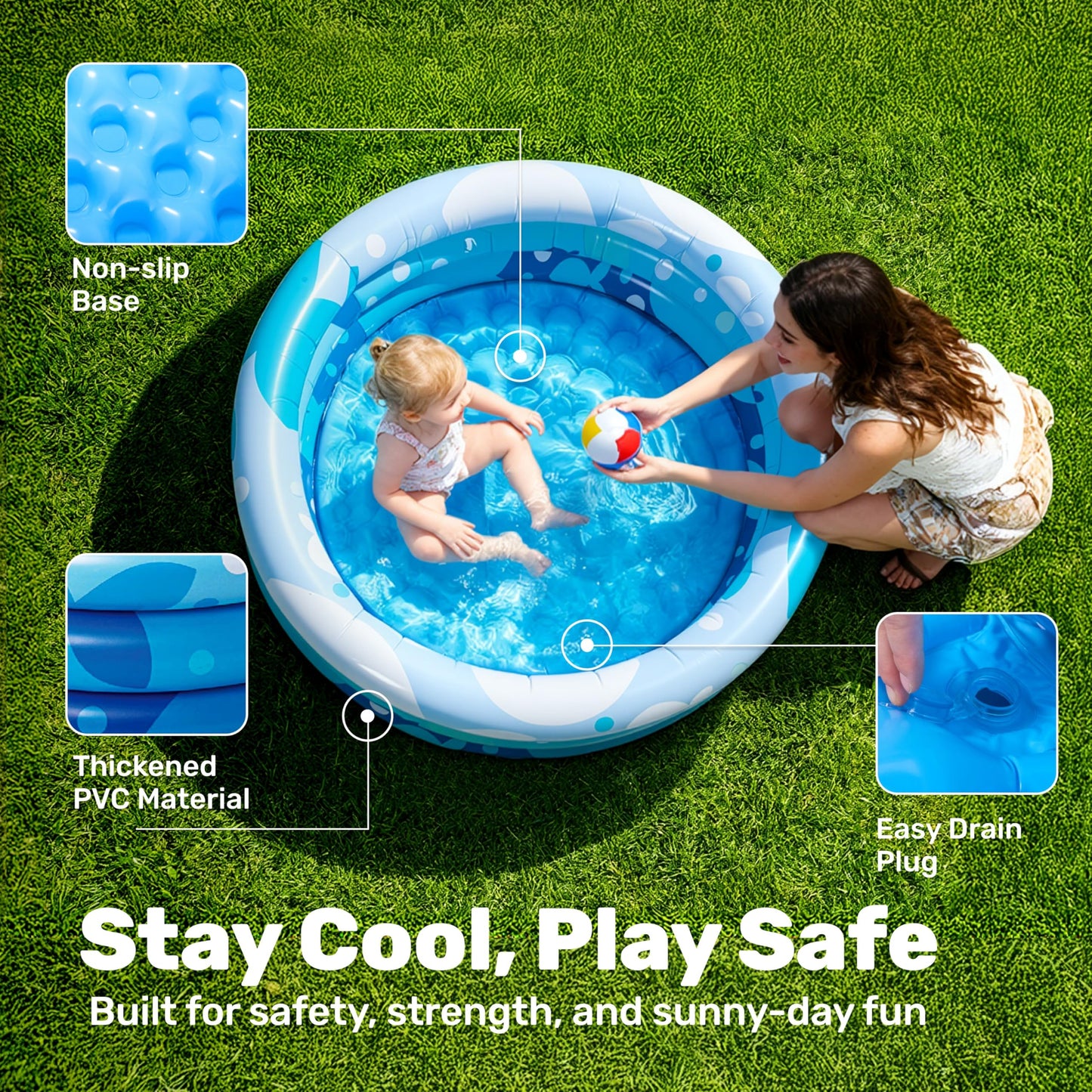 Sloosh Inflatable Kiddie Pool, 34"x10" Blow Up Kid Swimming Pool,3 Rings Blue Baby Pool for Toddler,Play Pit for Dog with Geometric Pattern for Summer Water Party Backyard Garden(Fish)