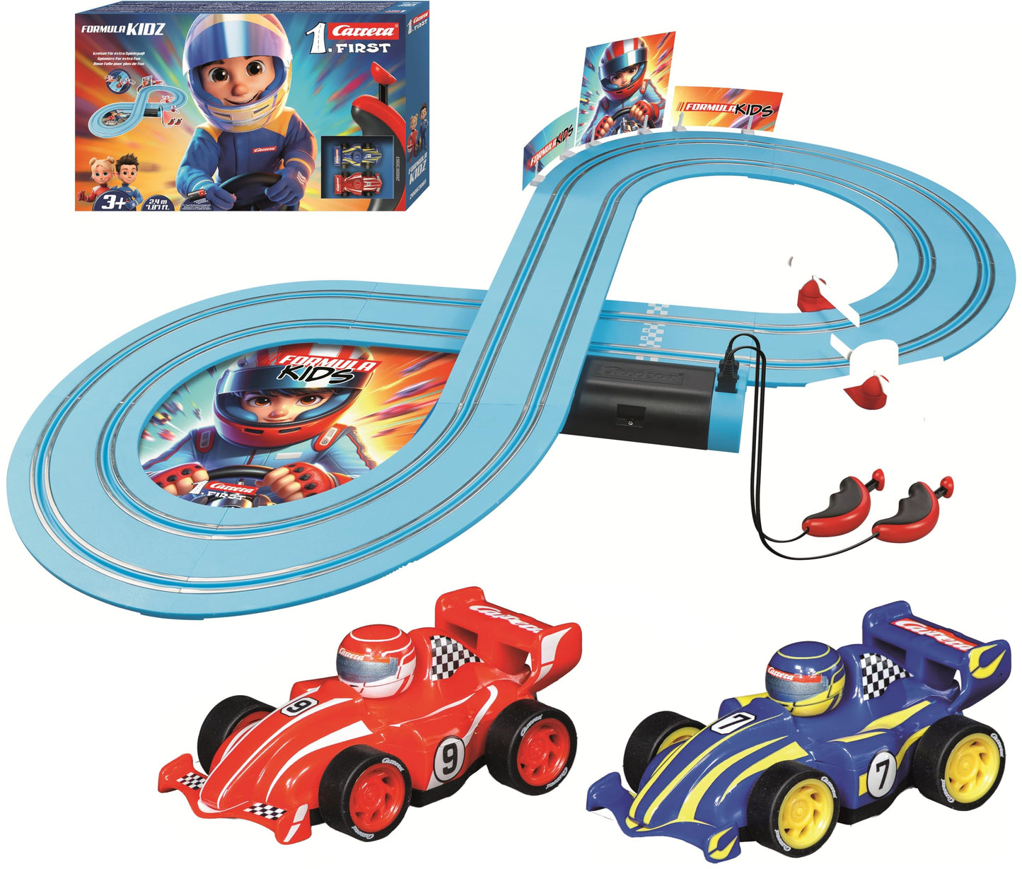 Carrera First Formula Kidz Slot Car Race Track - Includes 2 Cars: Fireflash and Thunderbold - Battery-Powered Beginner Toy Racing Set for Kids Ages 3 Years and Up